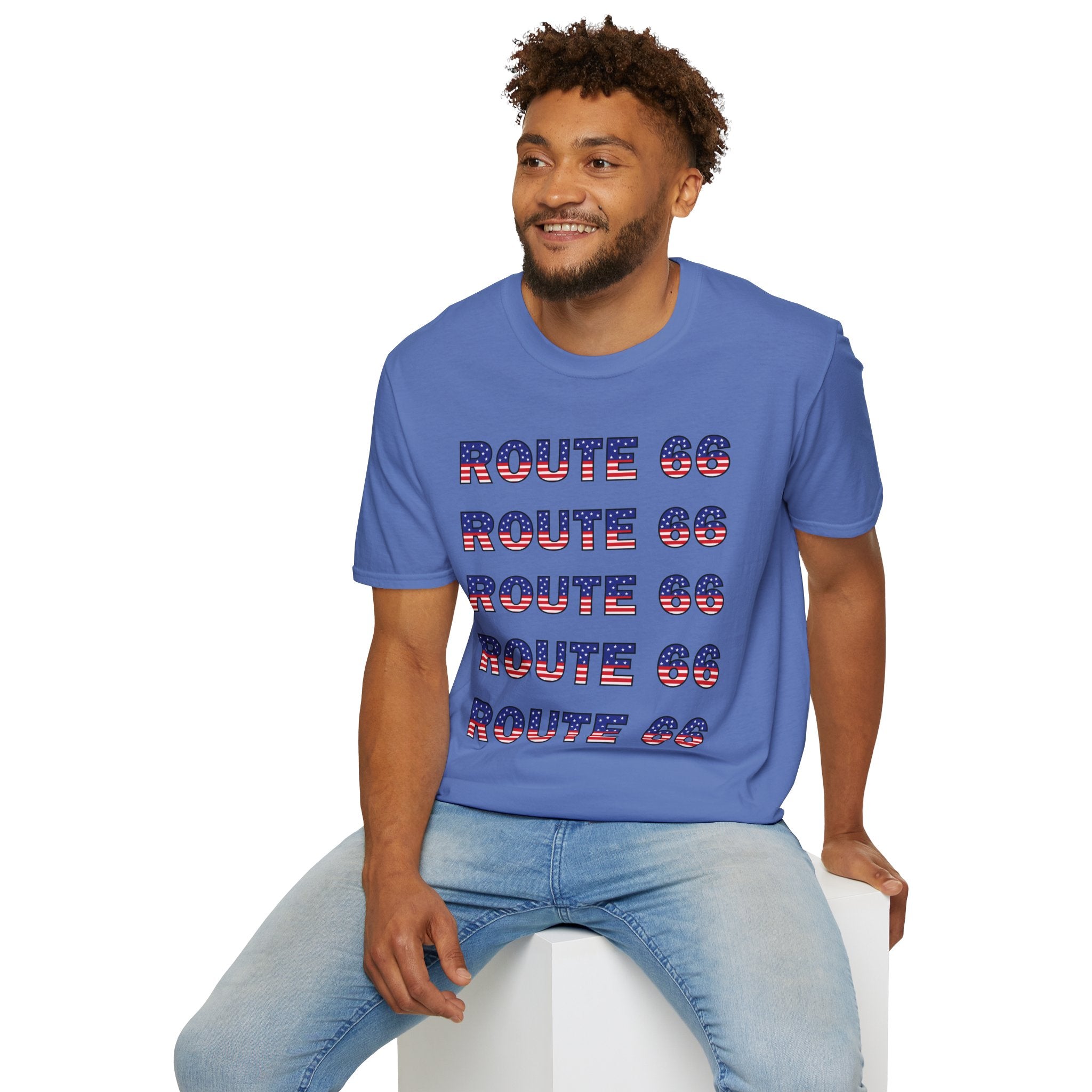 Route 66 Retro Text T-Shirt | American Flag Roadtrip Graphic