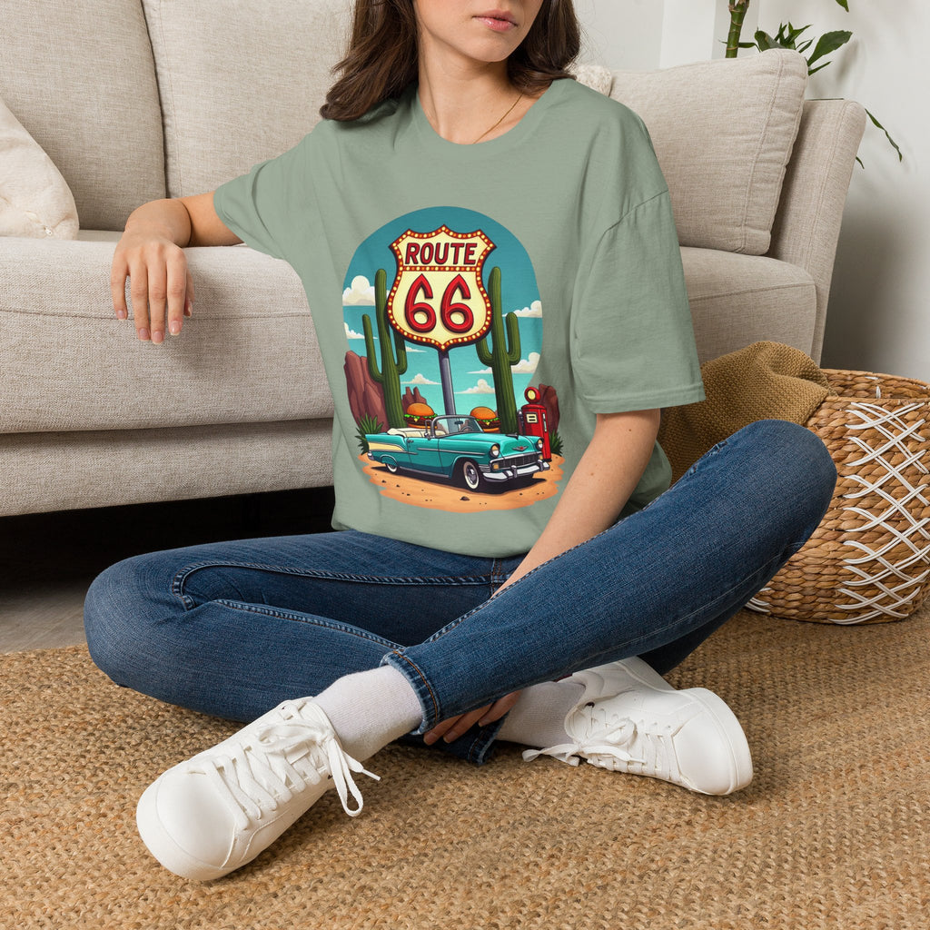 Route 66 Classic Car T-Shirt | Retro Desert Road Sign, Vintage Convertible
