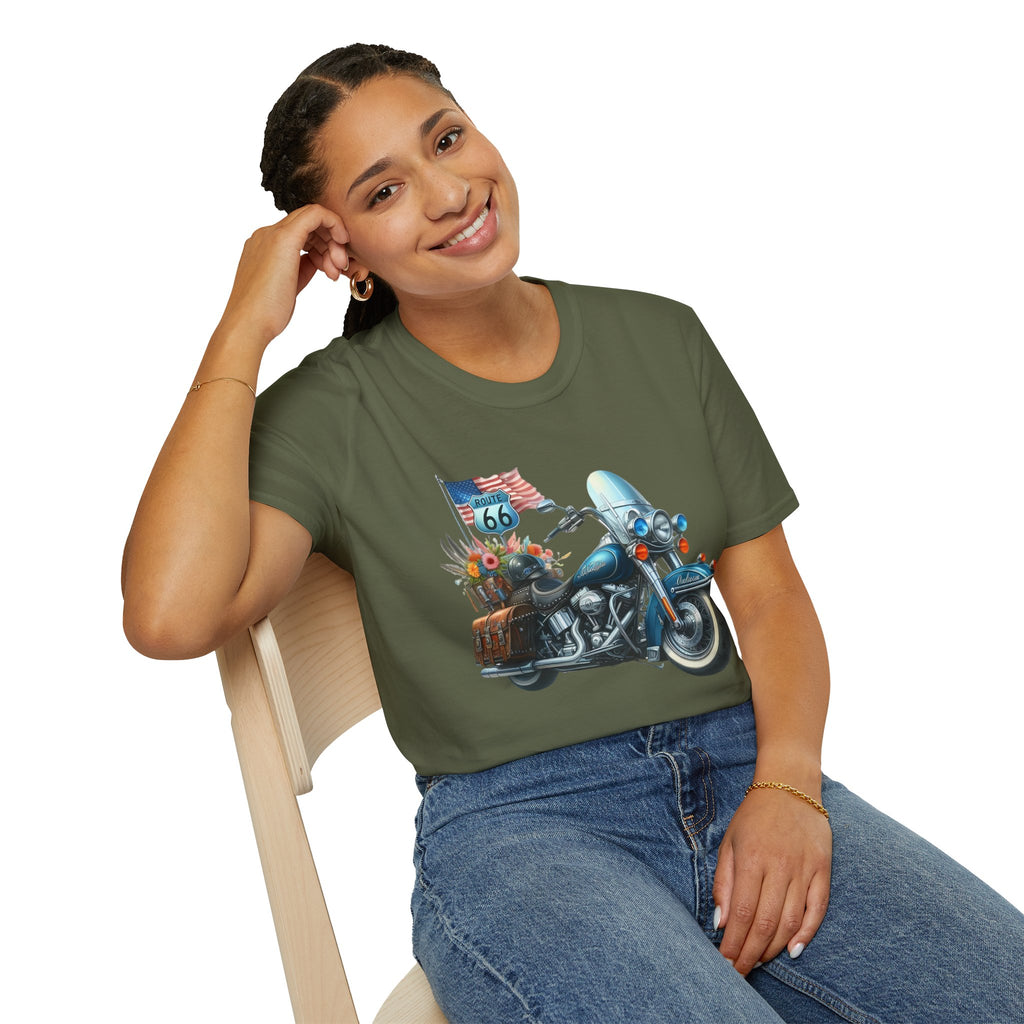 Route 66 Motorcycle Illustration T-Shirt | American Flag, Sunflowers