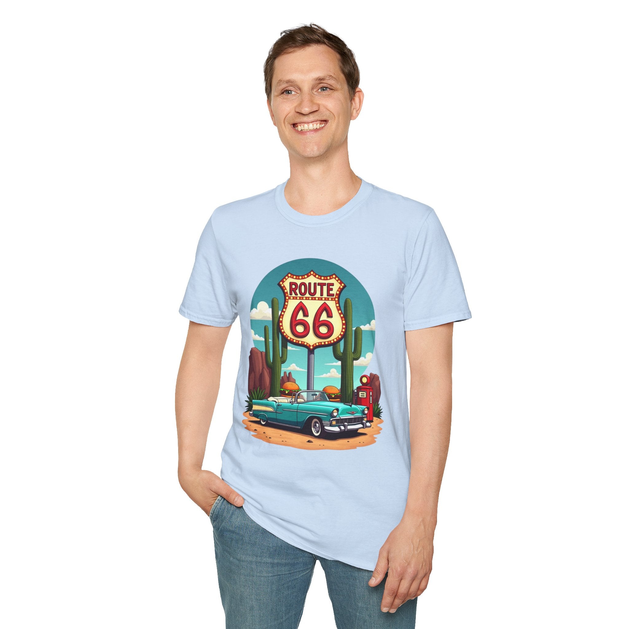 Route 66 Classic Car T-Shirt | Retro Desert Road Sign, Vintage Convertible