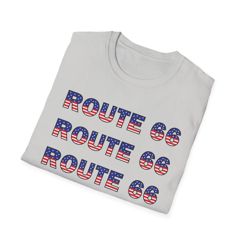 Route 66 Retro Text T-Shirt | American Flag Roadtrip Graphic
