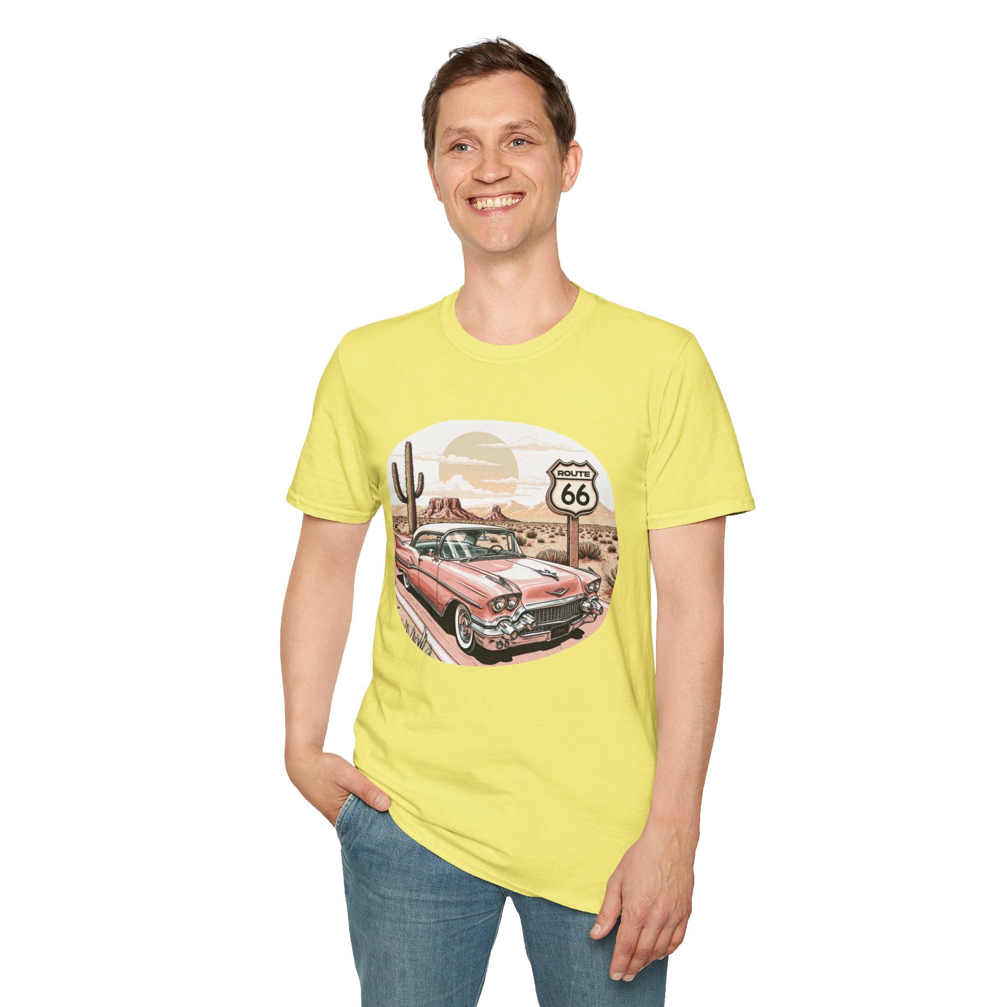 Retro Pink Classic Car Route 66 T-Shirt | Desert Cactus Vintage Roadtrip