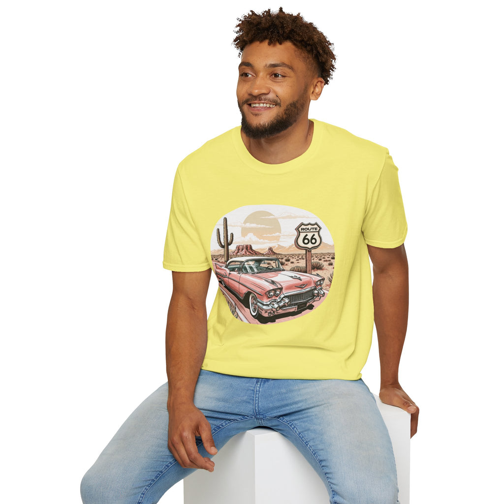 Retro Pink Classic Car Route 66 T-Shirt | Desert Cactus Vintage Roadtrip