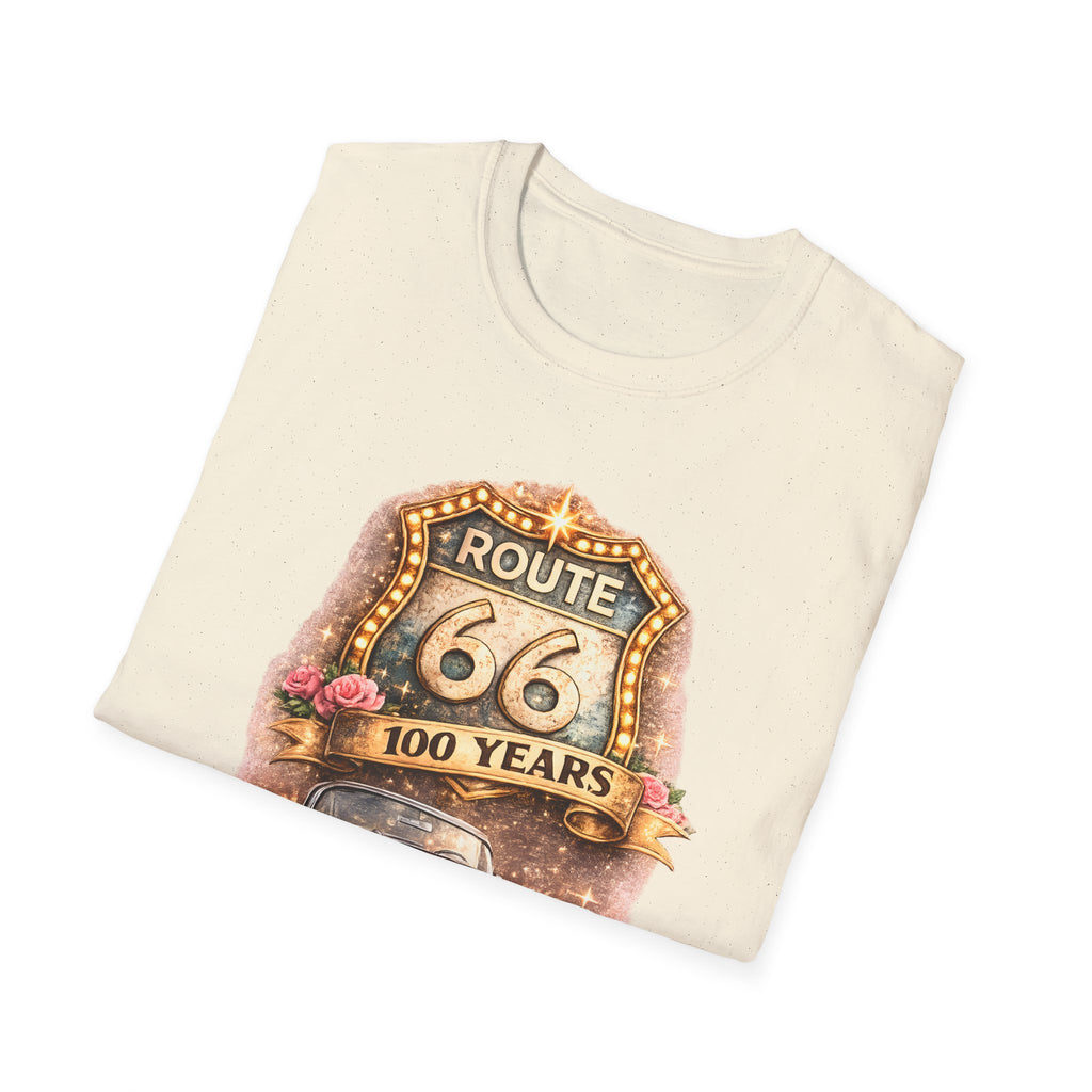 Route 66 100 Years Pink Classic Car T-Shirt | Vintage Road Trip Tee