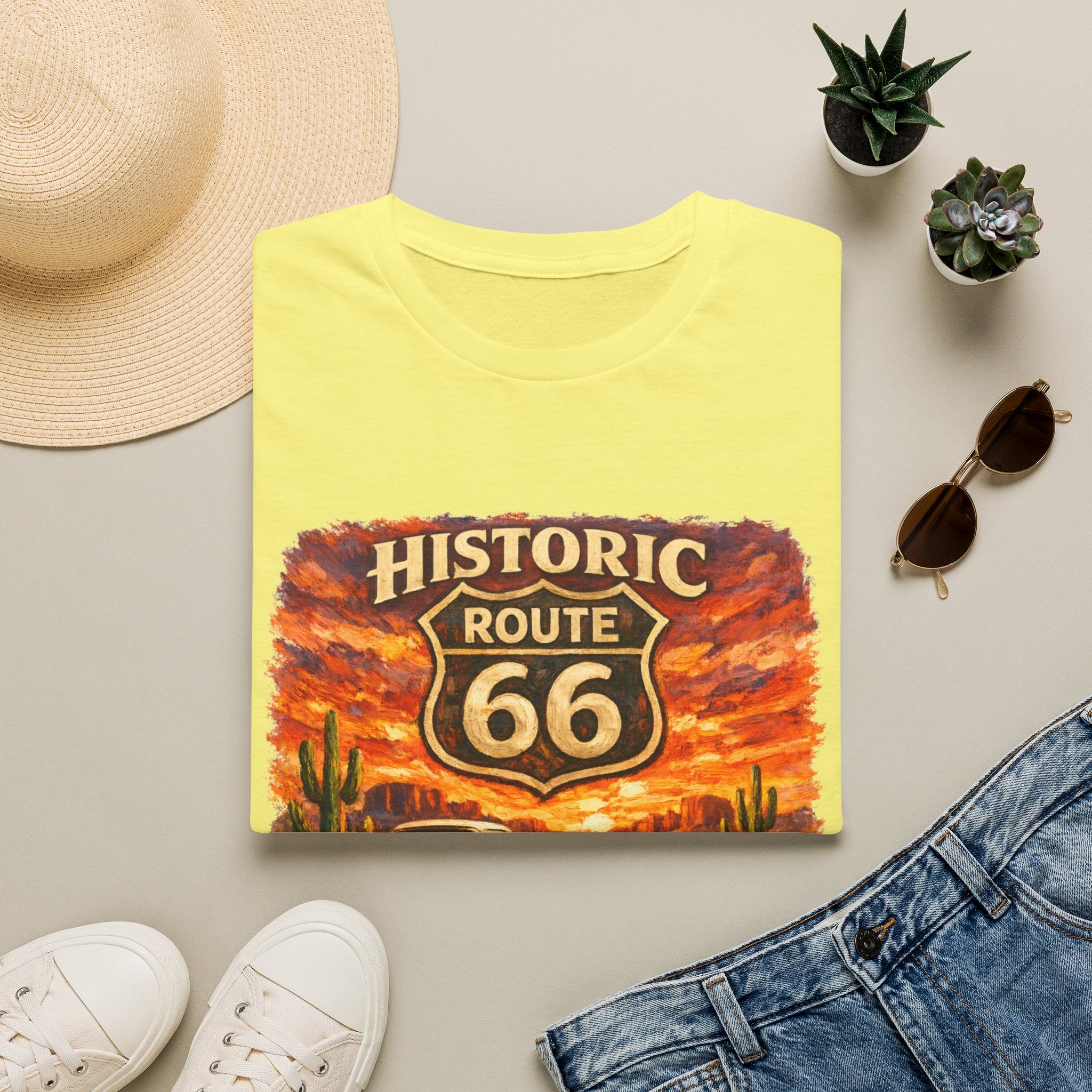 Historic Route 66 Road Trip T-Shirt | Vintage Car Desert Sunset