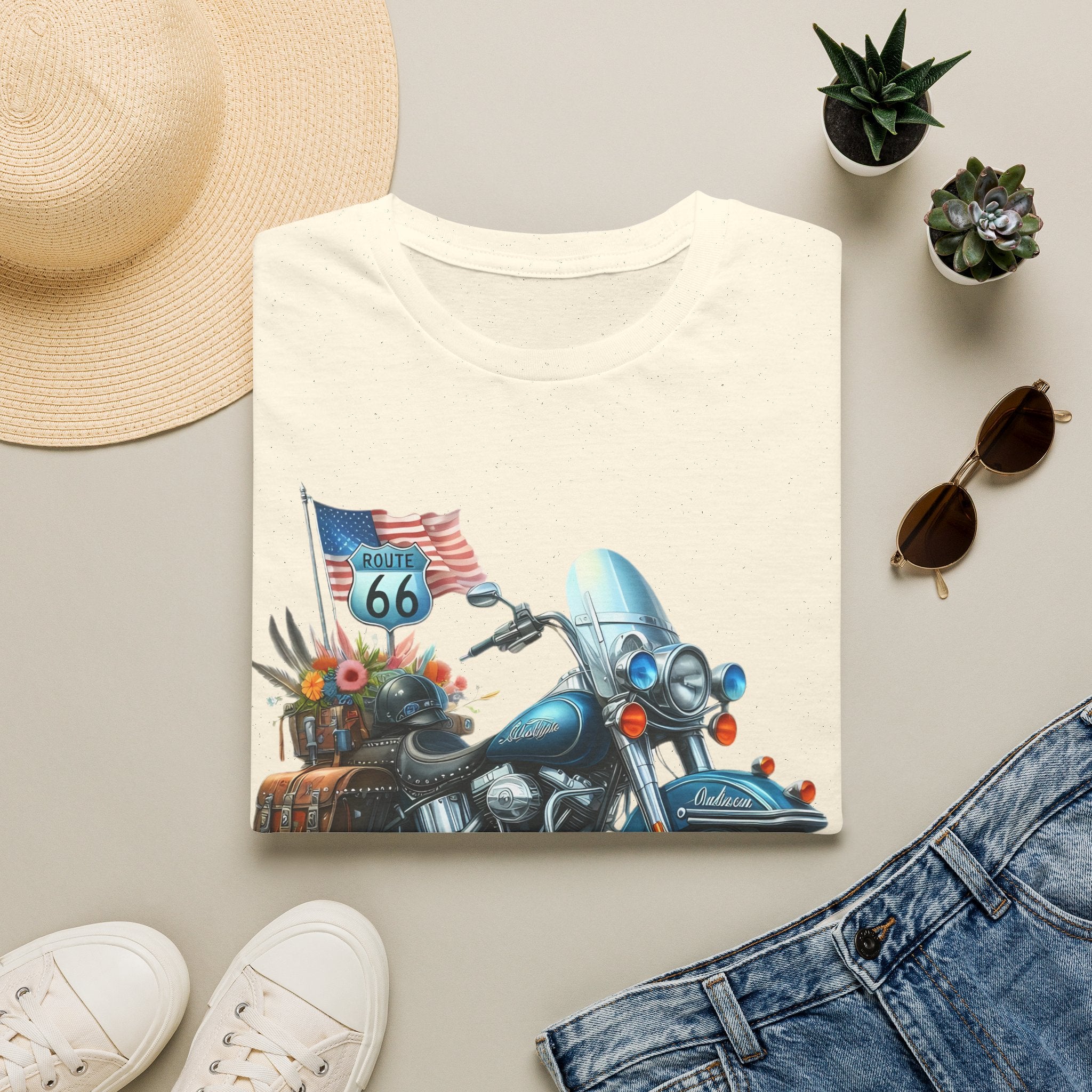 Route 66 Motorcycle Illustration T-Shirt | American Flag, Sunflowers