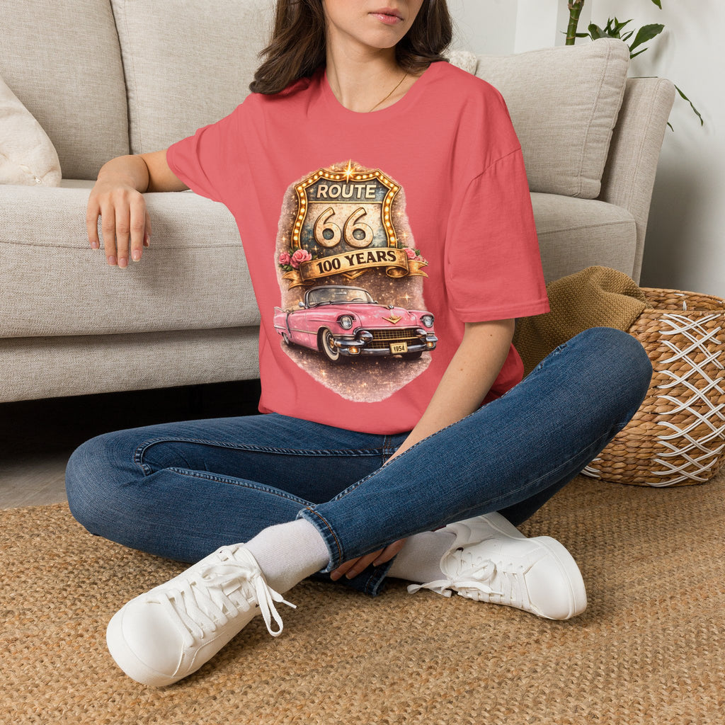 Route 66 100 Years Pink Classic Car T-Shirt | Vintage Road Trip Tee