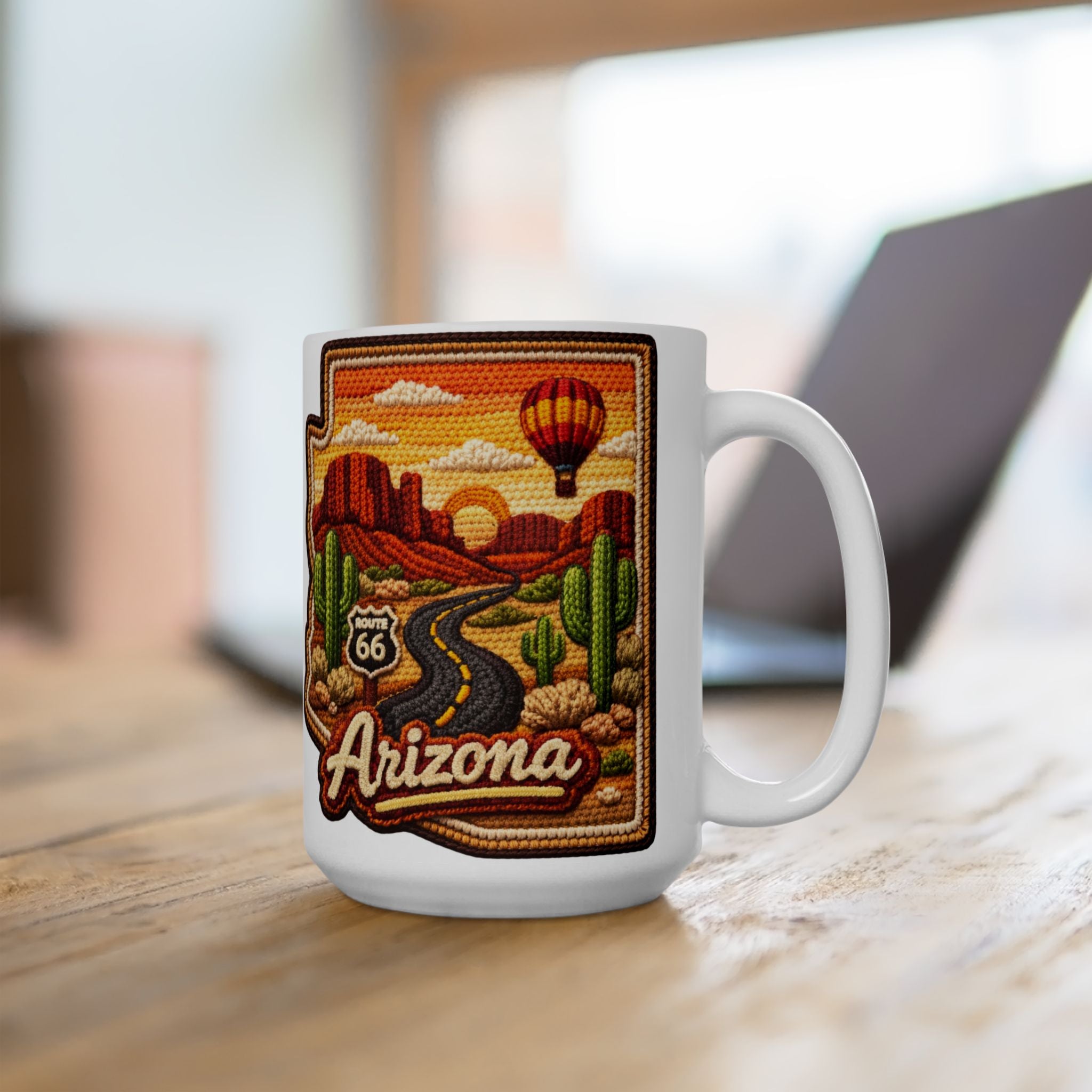 Arizona Desert Patch Mug | Hot Air Balloon, Cactus, Sunset Scene