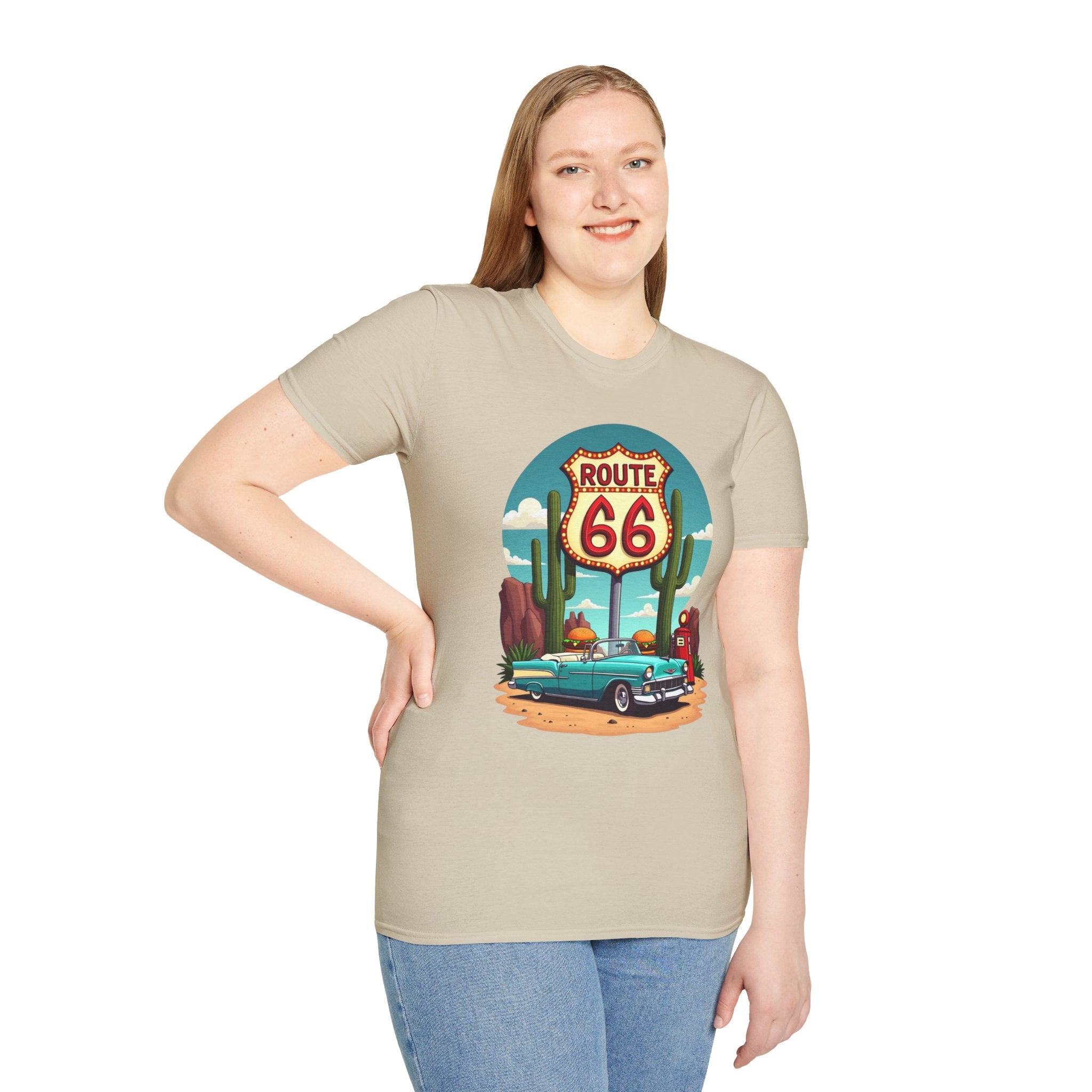 Route 66 Classic Car T-Shirt | Retro Desert Road Sign, Vintage Convertible