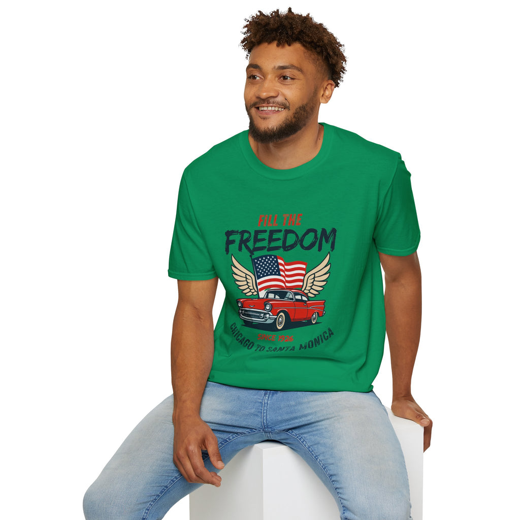 Fill the Freedom Vintage Car T-Shirt | American Flag Wings Chicago to Santa Monica Route 66