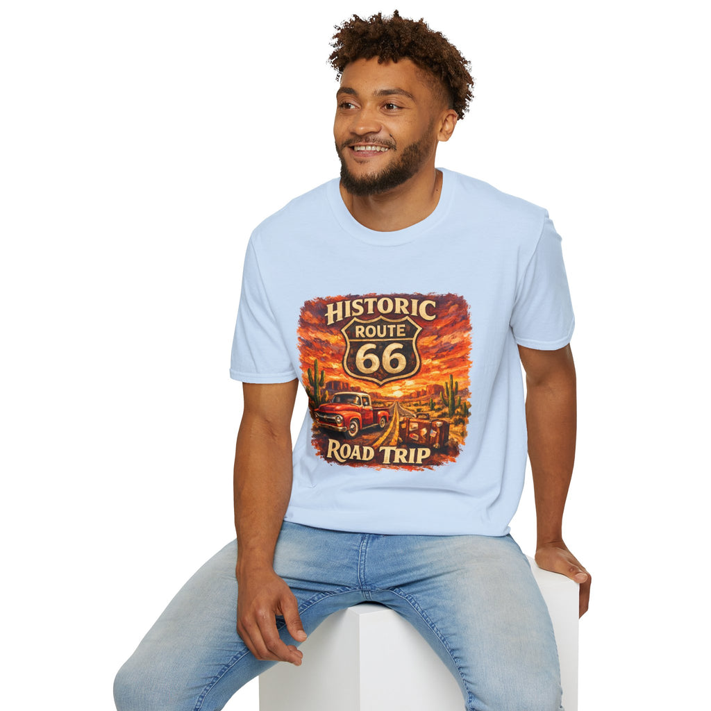 Historic Route 66 Road Trip T-Shirt | Vintage Car Desert Sunset
