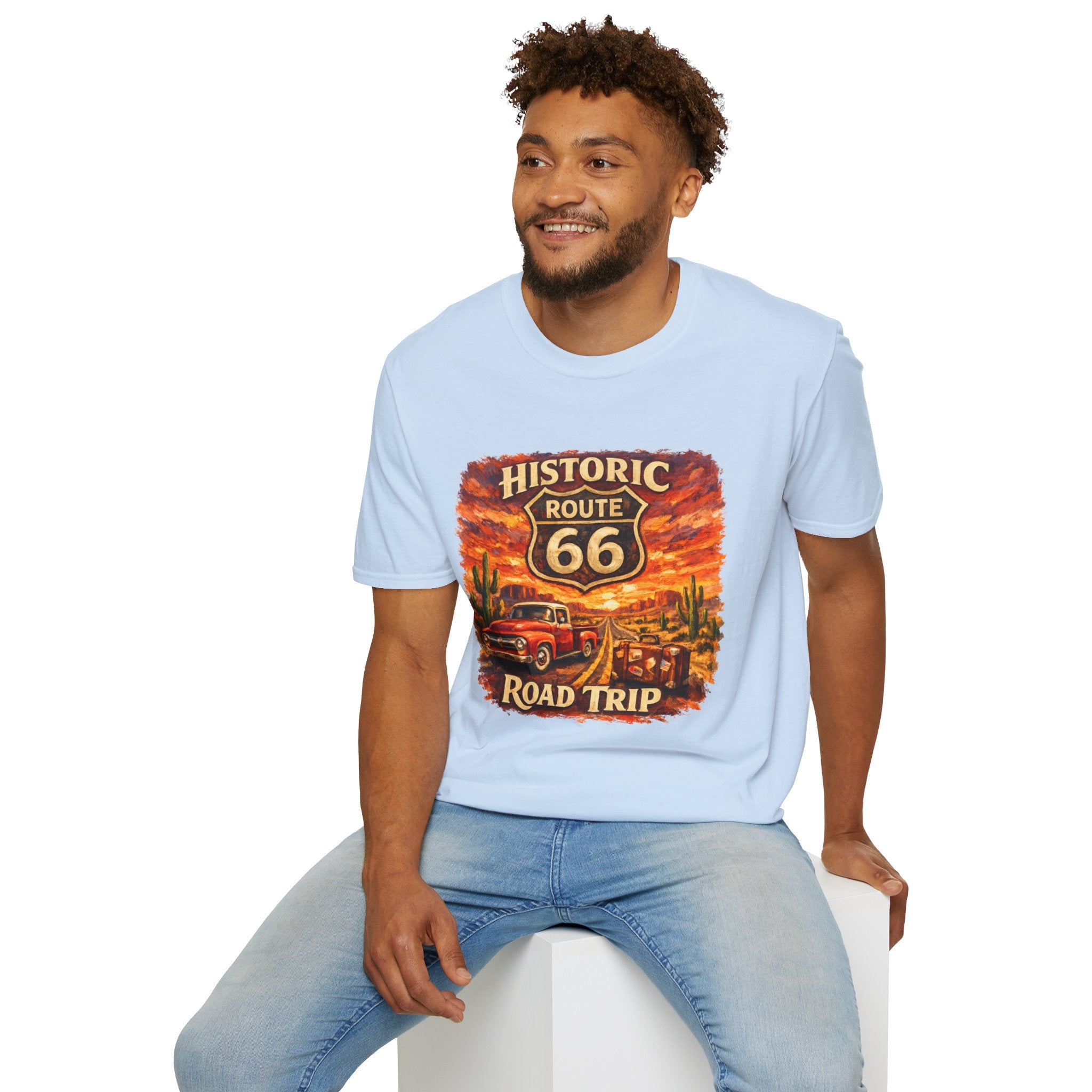 Historic Route 66 Road Trip T-Shirt | Vintage Car Desert Sunset