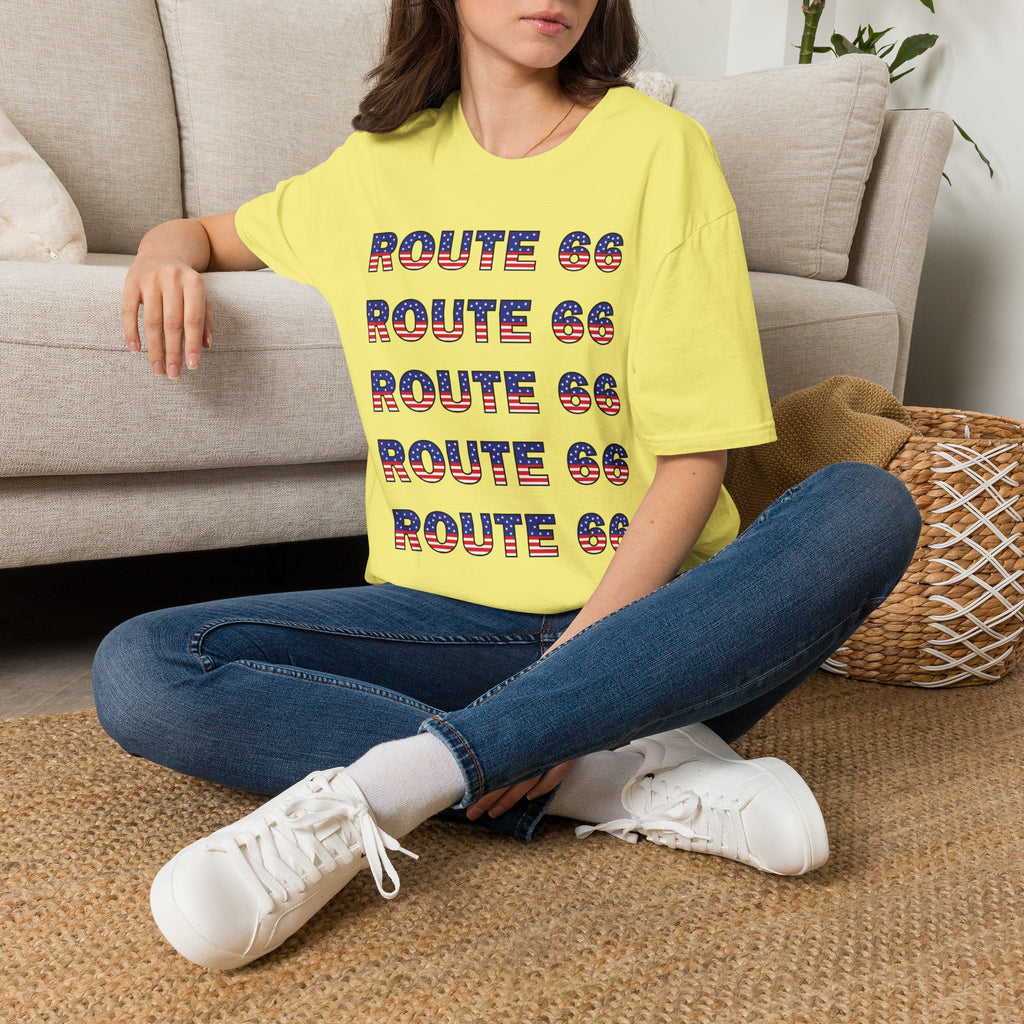 Route 66 Retro Text T-Shirt | American Flag Roadtrip Graphic