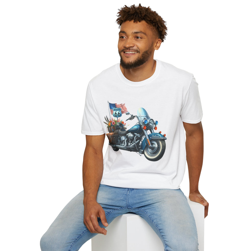 Route 66 Motorcycle Illustration T-Shirt | American Flag, Sunflowers