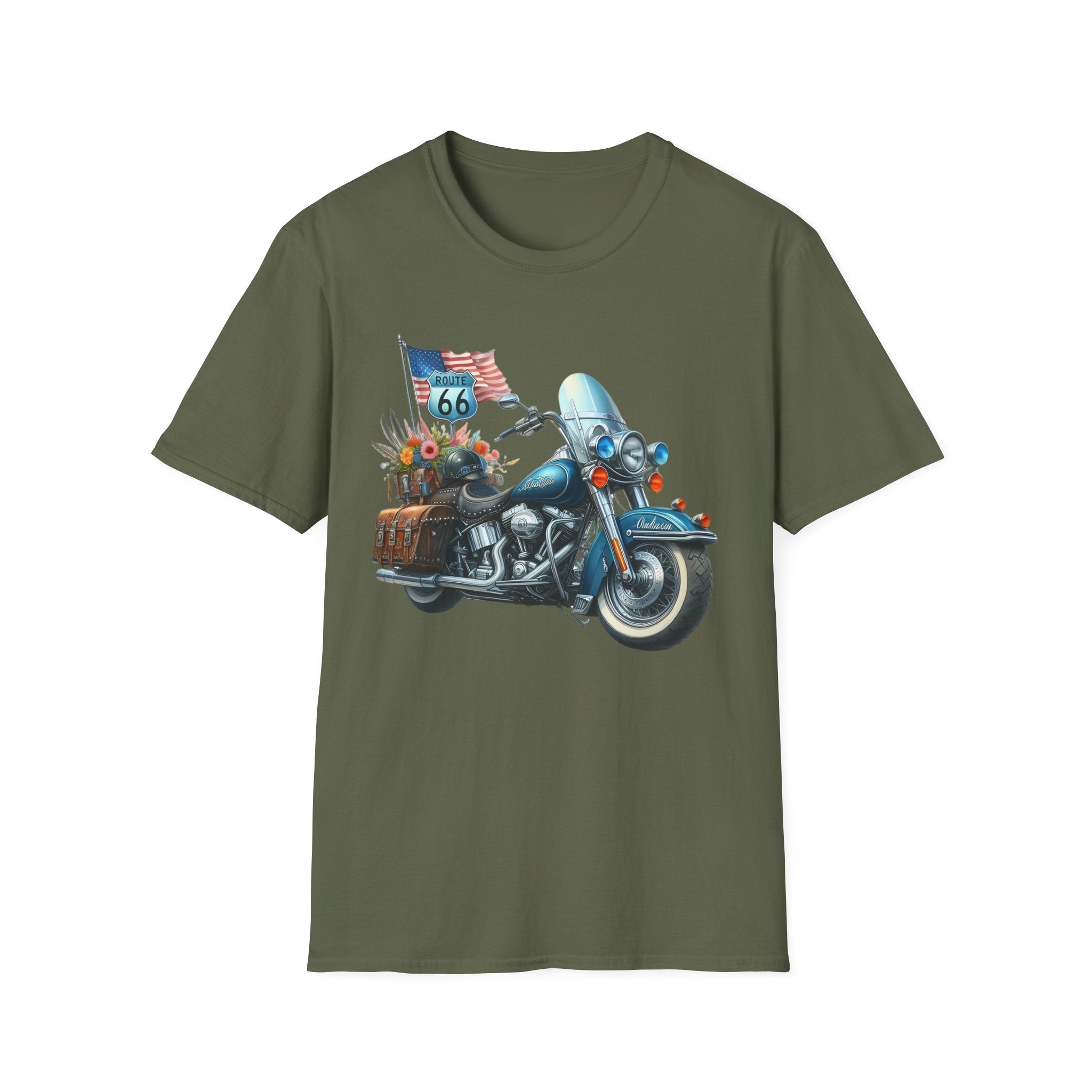 Route 66 Motorcycle Illustration T-Shirt | American Flag, Sunflowers