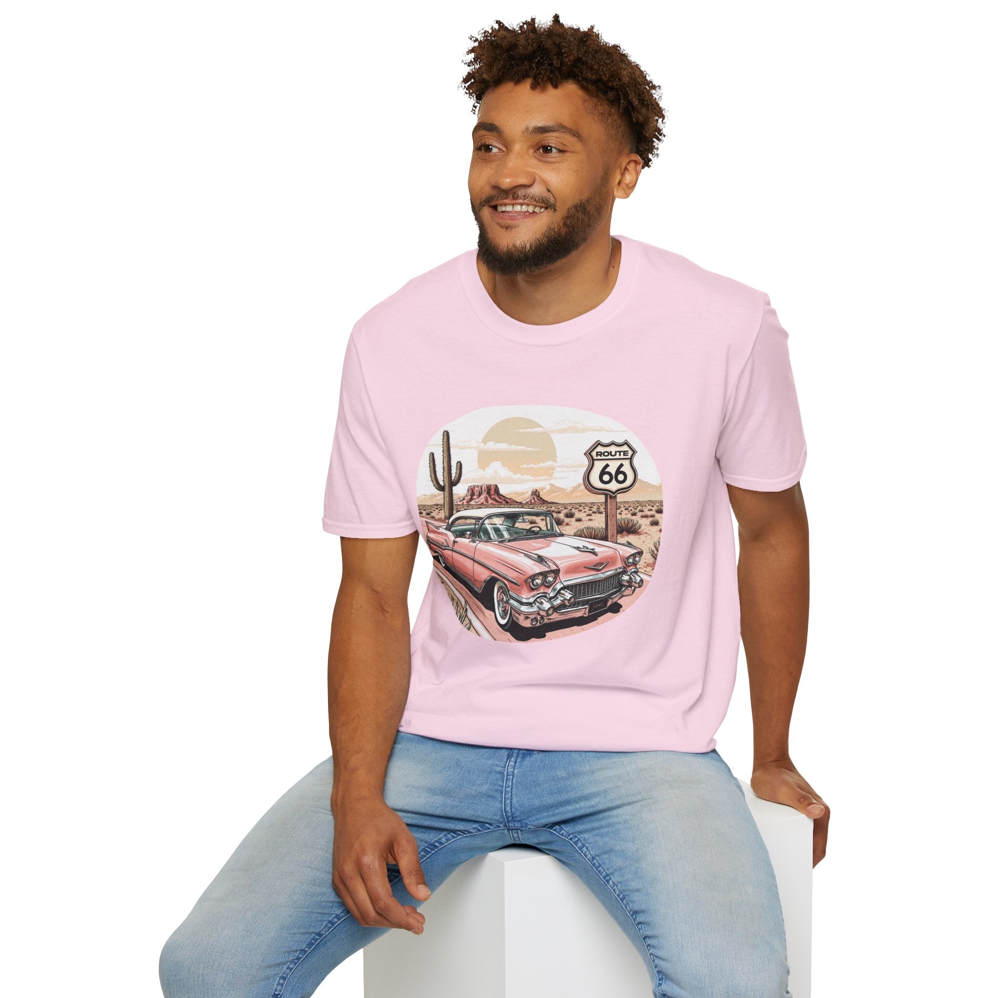 Retro Pink Classic Car Route 66 T-Shirt | Desert Cactus Vintage Roadtrip