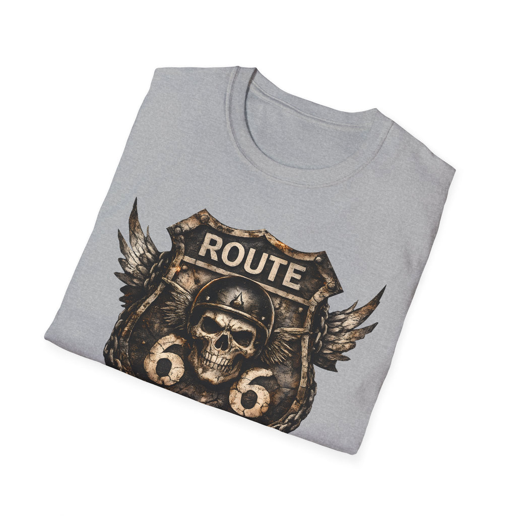 Route 66 Skull Badge T-Shirt | Ride the Legend, Winged Helmet Motorcycle Design