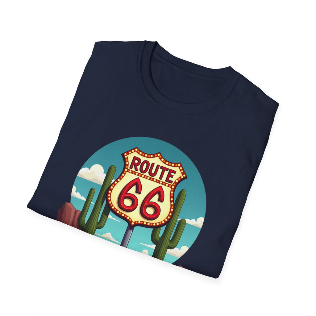 Route 66 Classic Car T-Shirt | Retro Desert Road Sign, Vintage Convertible