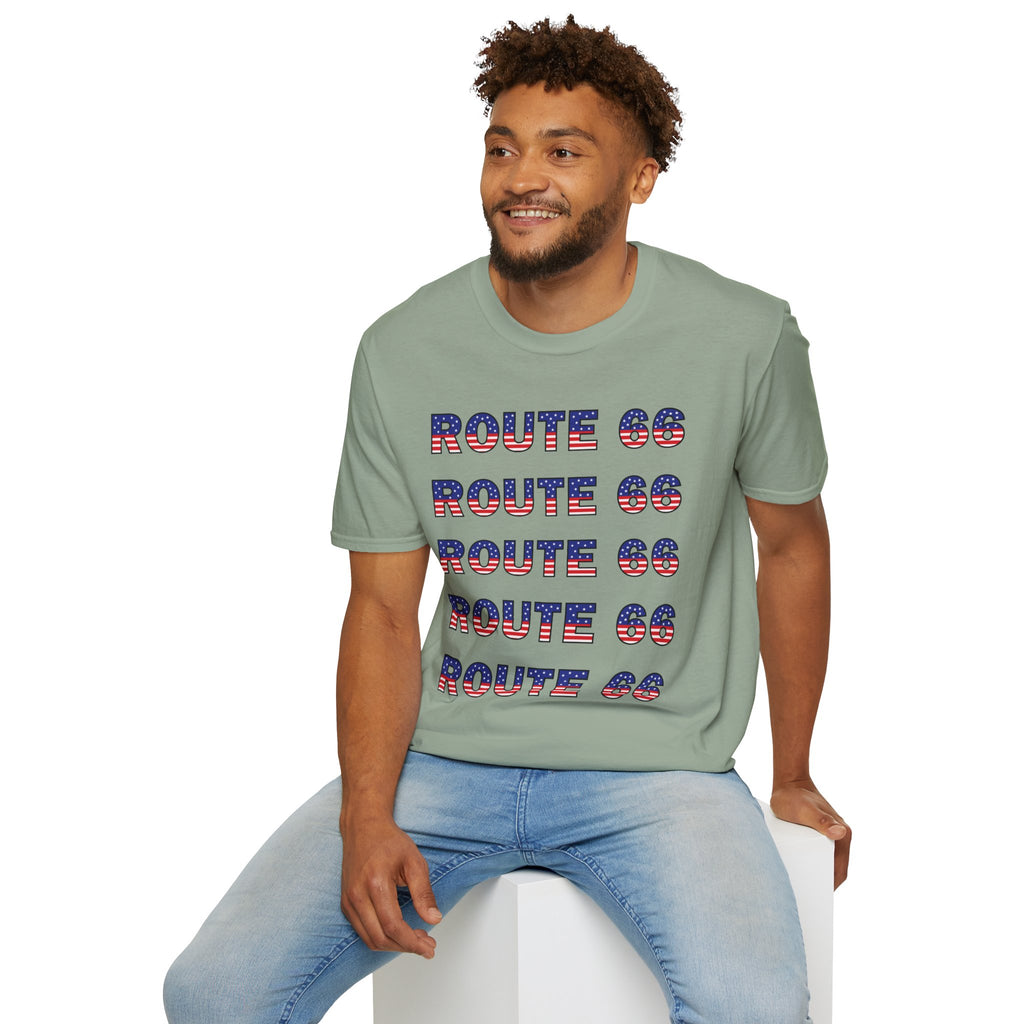 Route 66 Retro Text T-Shirt | American Flag Roadtrip Graphic