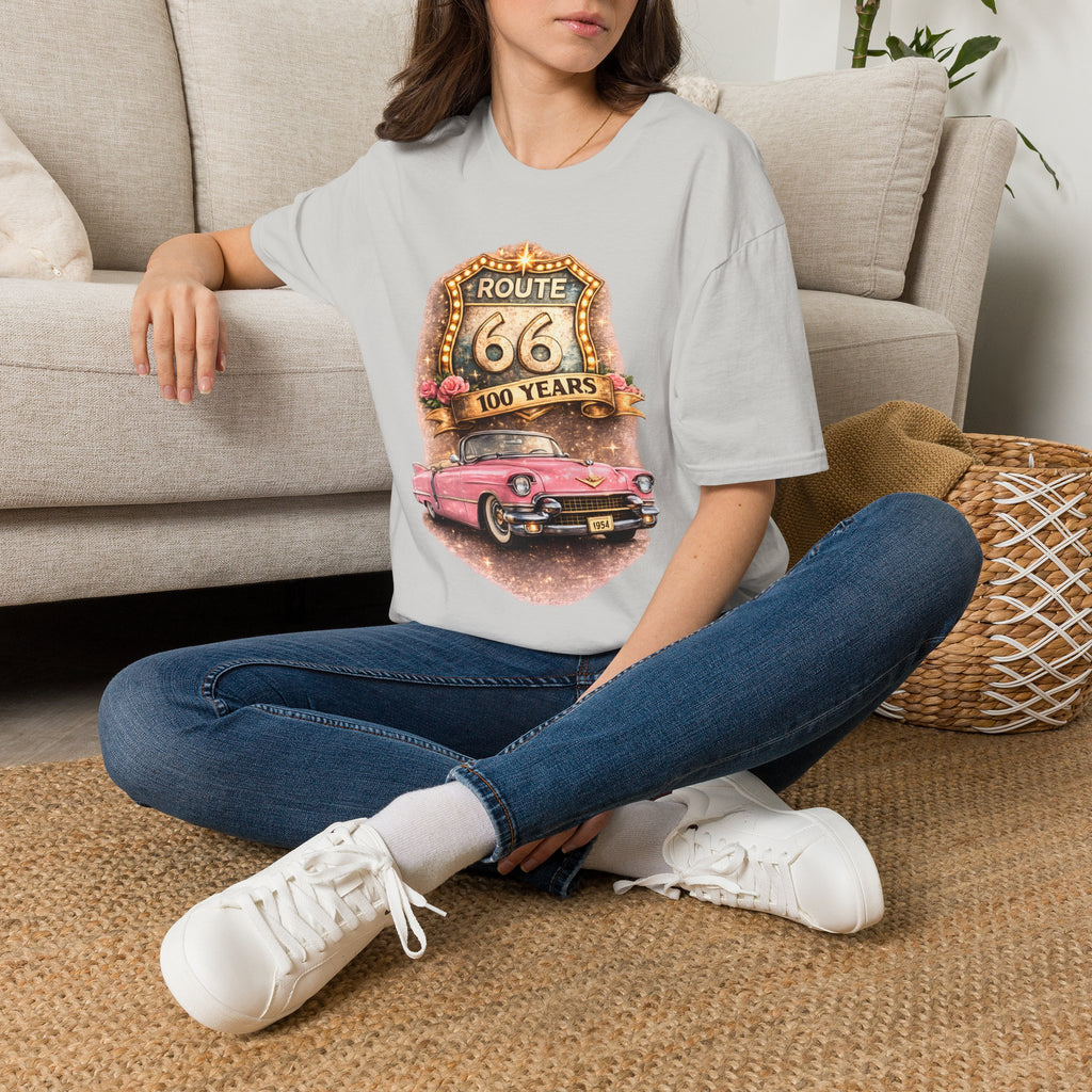 Route 66 100 Years Pink Classic Car T-Shirt | Vintage Road Trip Tee