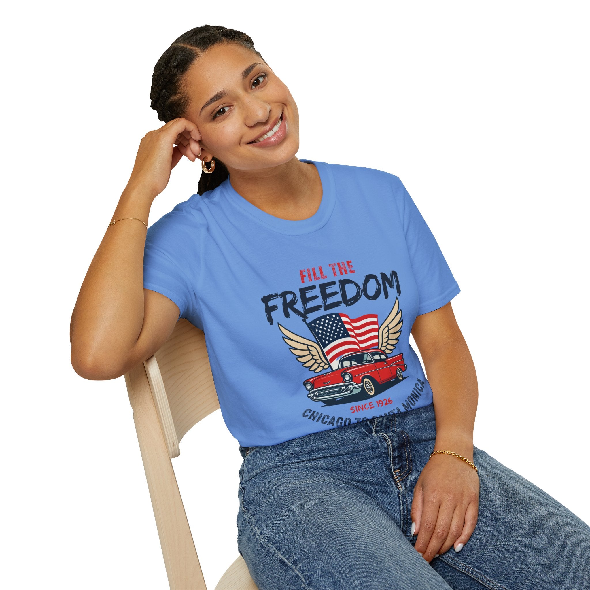 Fill the Freedom Vintage Car T-Shirt | American Flag Wings Chicago to Santa Monica Route 66