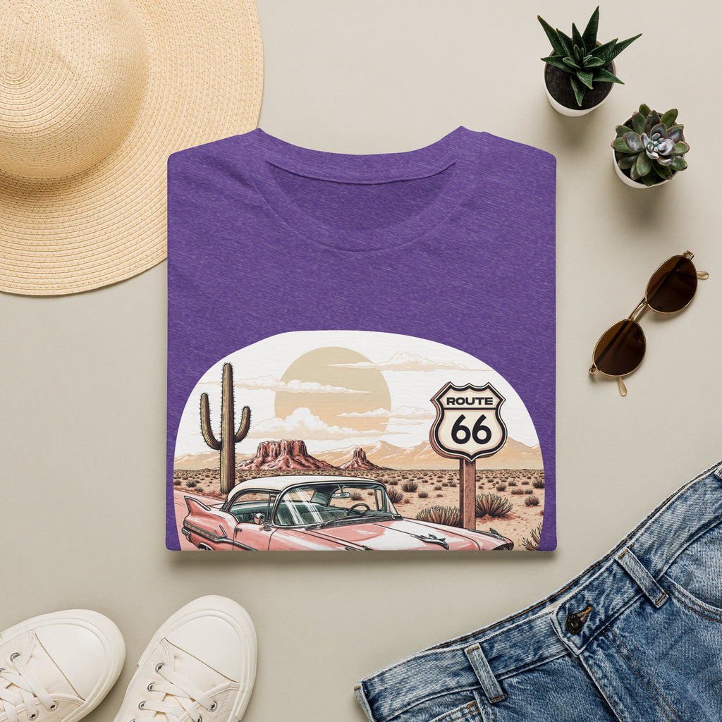 Retro Pink Classic Car Route 66 T-Shirt | Desert Cactus Vintage Roadtrip