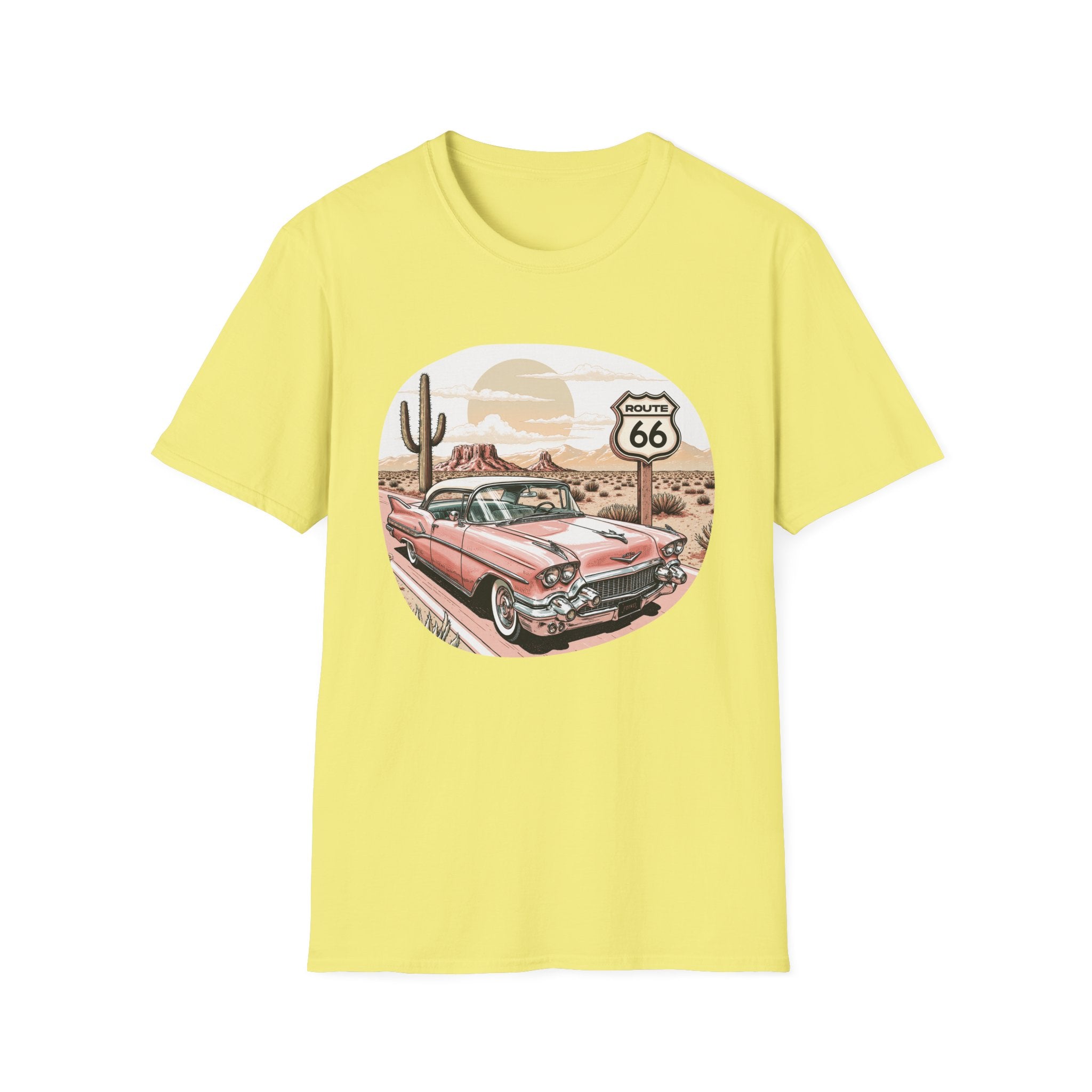 Retro Pink Classic Car Route 66 T-Shirt | Desert Cactus Vintage Roadtrip