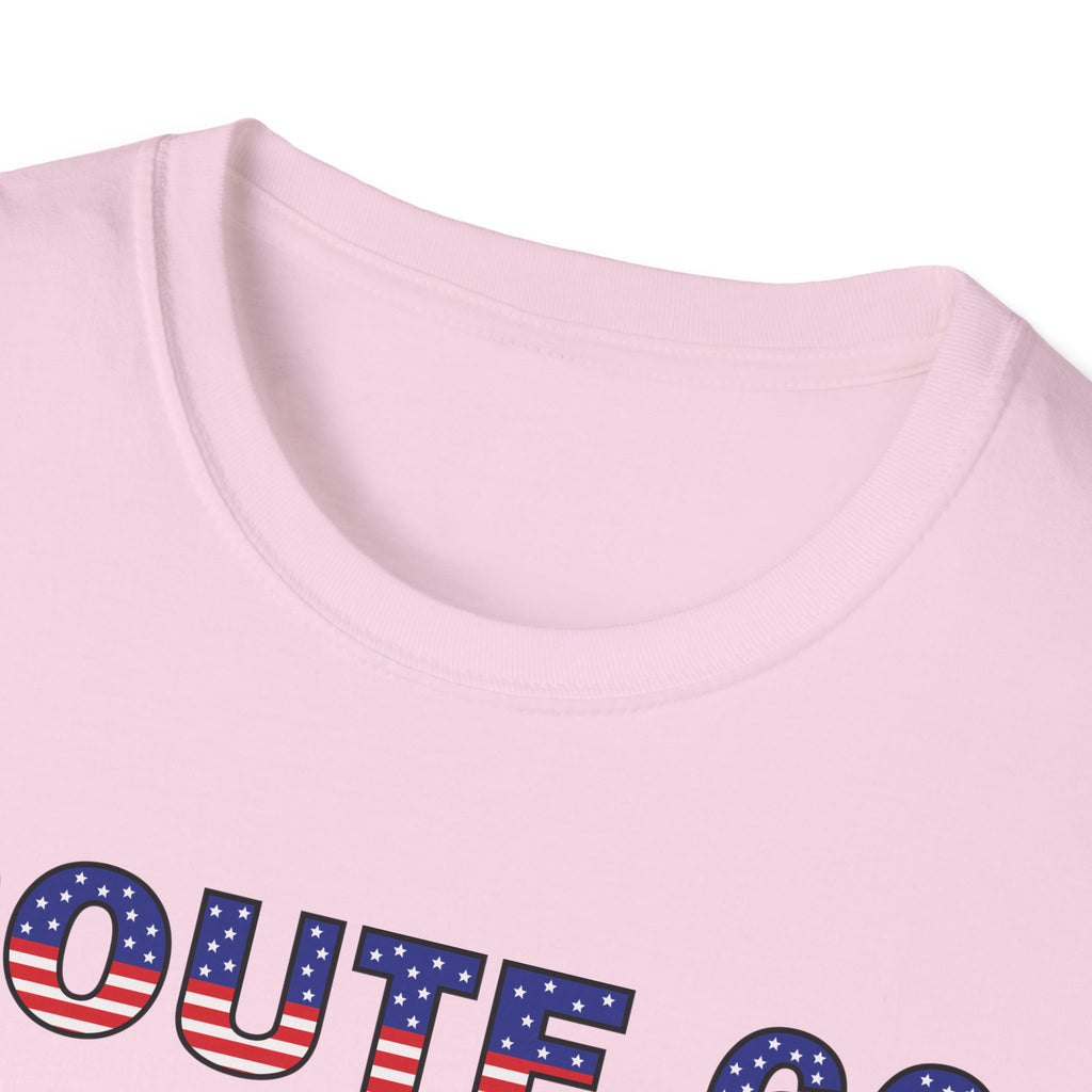 Route 66 Retro Text T-Shirt | American Flag Roadtrip Graphic