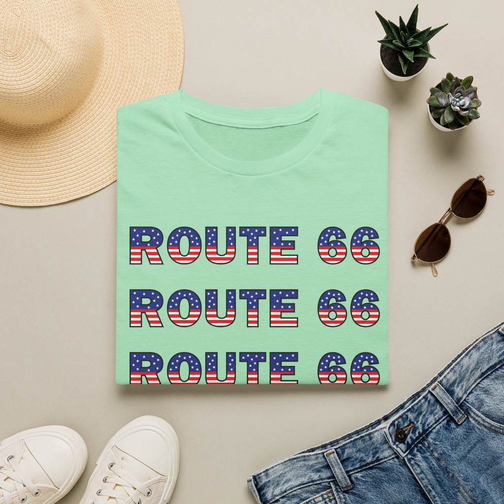 Route 66 Retro Text T-Shirt | American Flag Roadtrip Graphic