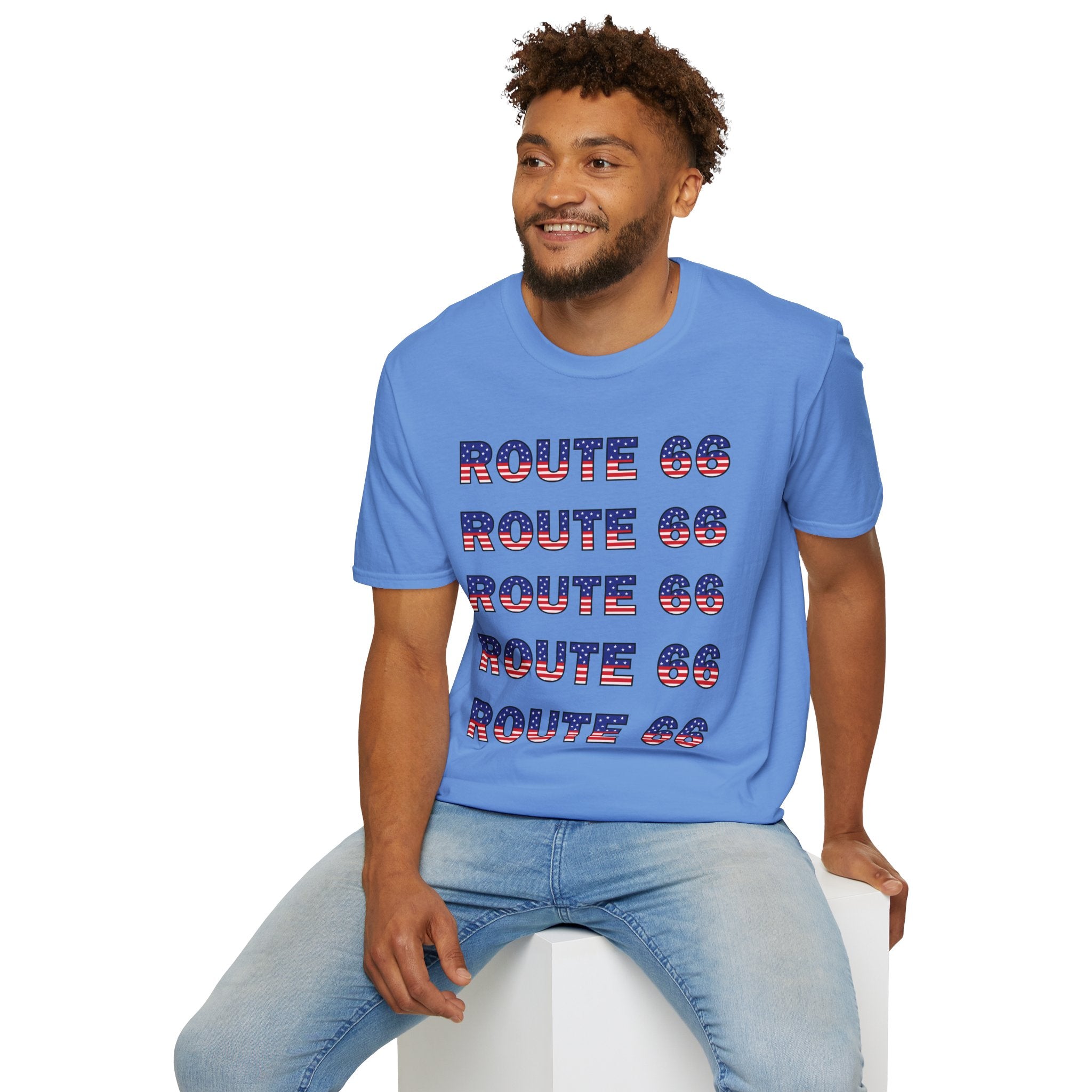 Route 66 Retro Text T-Shirt | American Flag Roadtrip Graphic