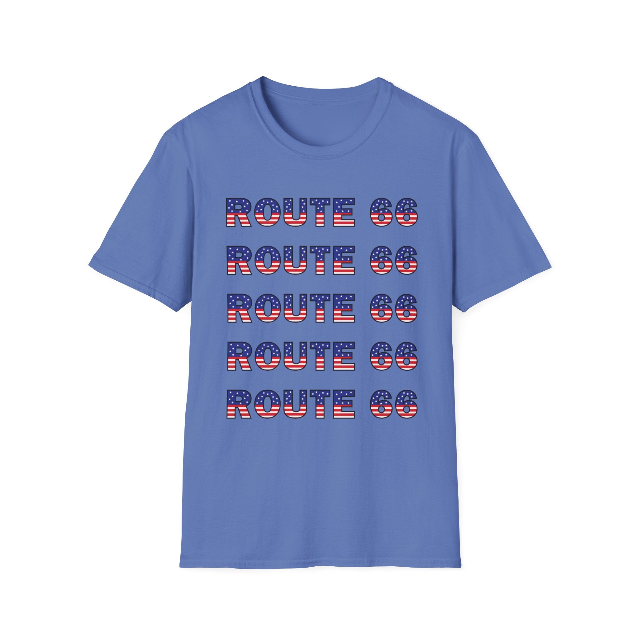 Route 66 Retro Text T-Shirt | American Flag Roadtrip Graphic