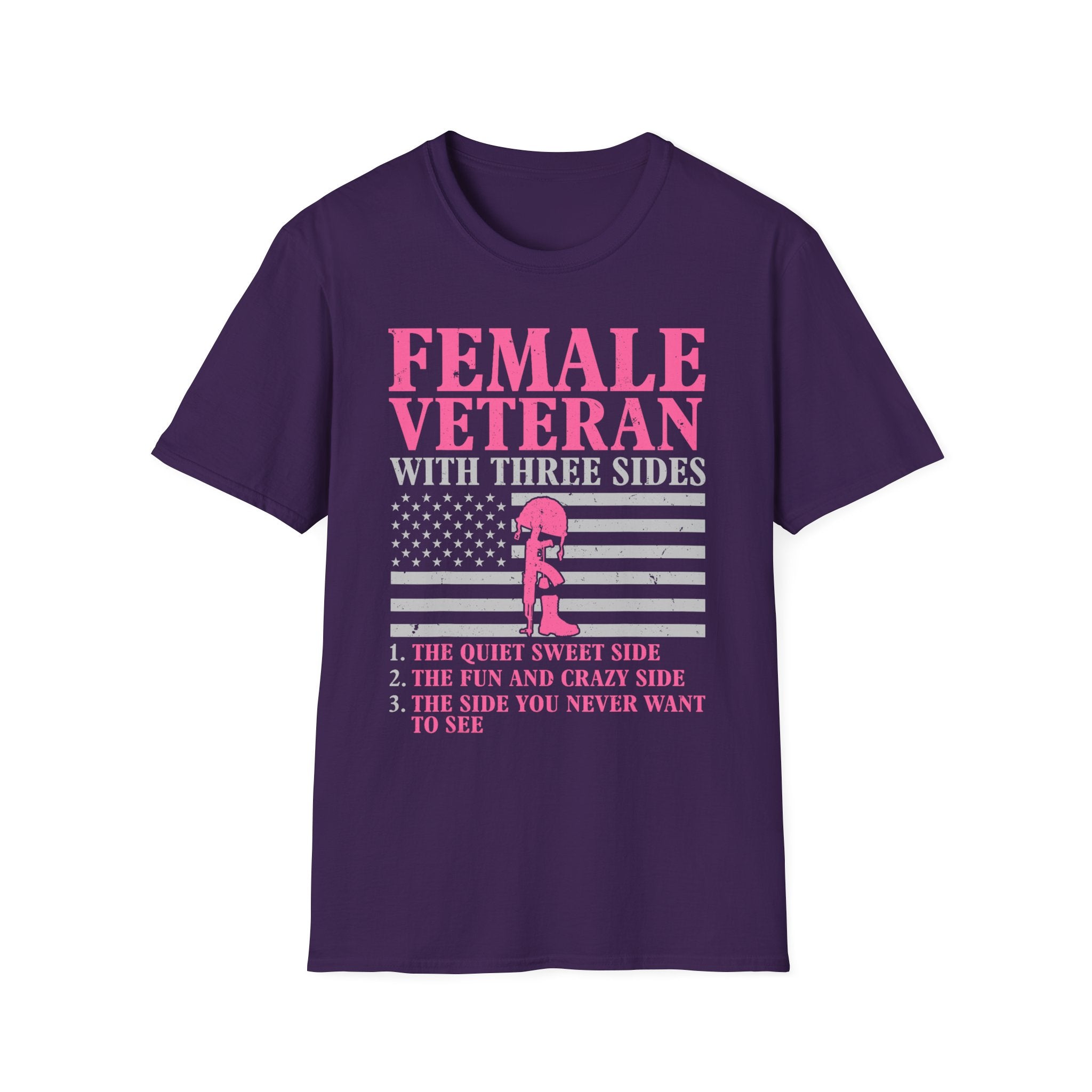 Female Veteran with Three Sides T-Shirt | American Flag, Pink Helmet, Military Pride