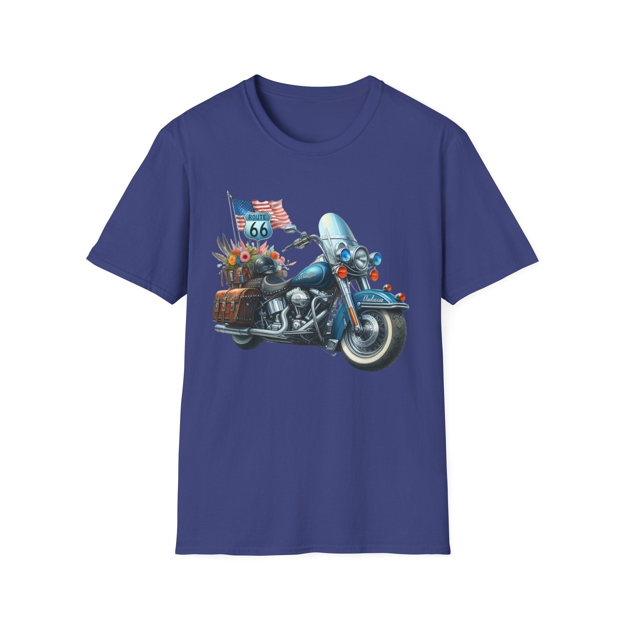 Route 66 Motorcycle Illustration T-Shirt | American Flag, Sunflowers