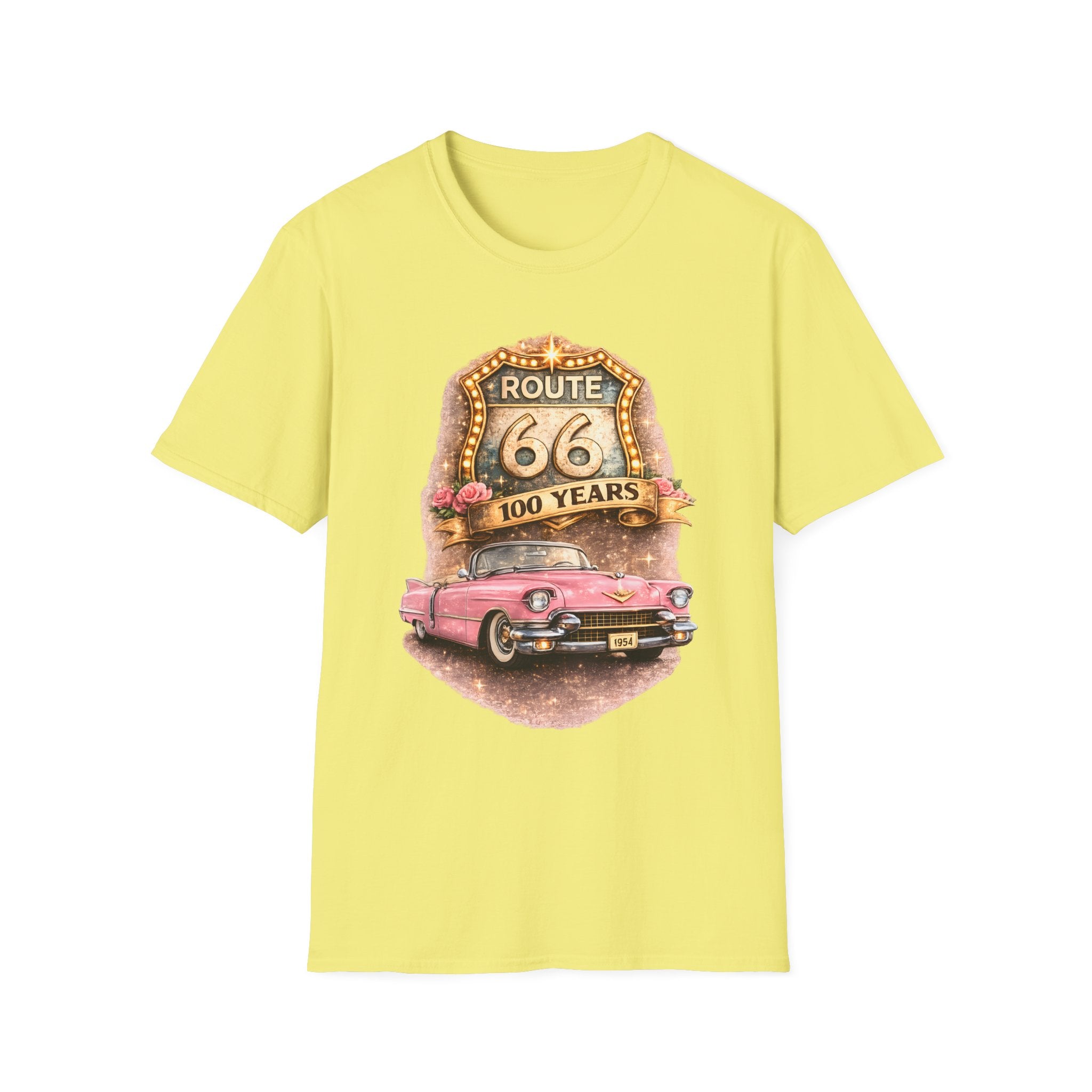 Route 66 100 Years Pink Classic Car T-Shirt | Vintage Road Trip Tee