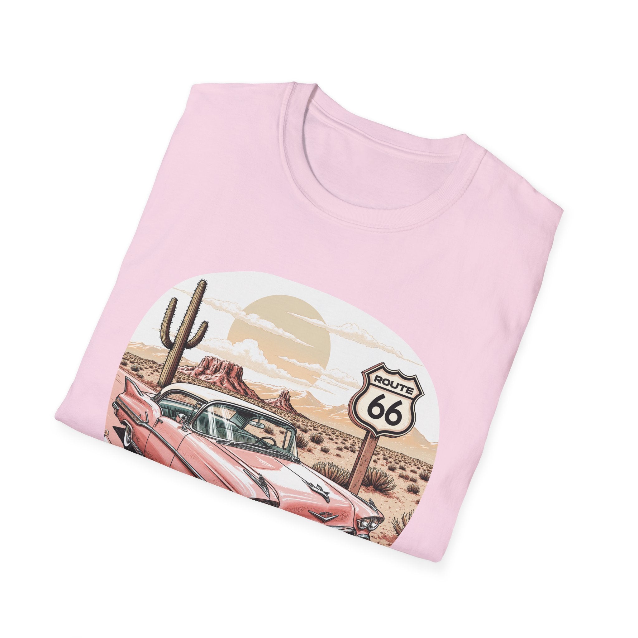 Retro Pink Classic Car Route 66 T-Shirt | Desert Cactus Vintage Roadtrip