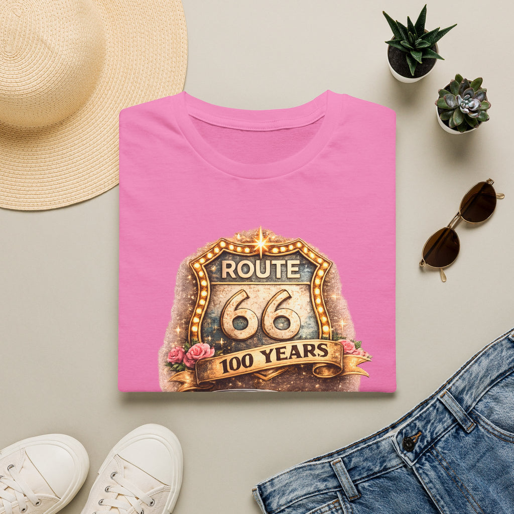 Route 66 100 Years Pink Classic Car T-Shirt | Vintage Road Trip Tee