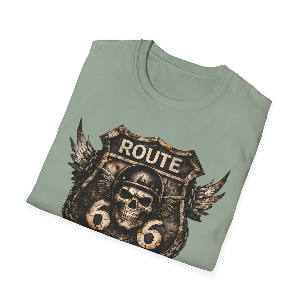 Route 66 Skull Badge T-Shirt | Ride the Legend, Winged Helmet Motorcycle Design