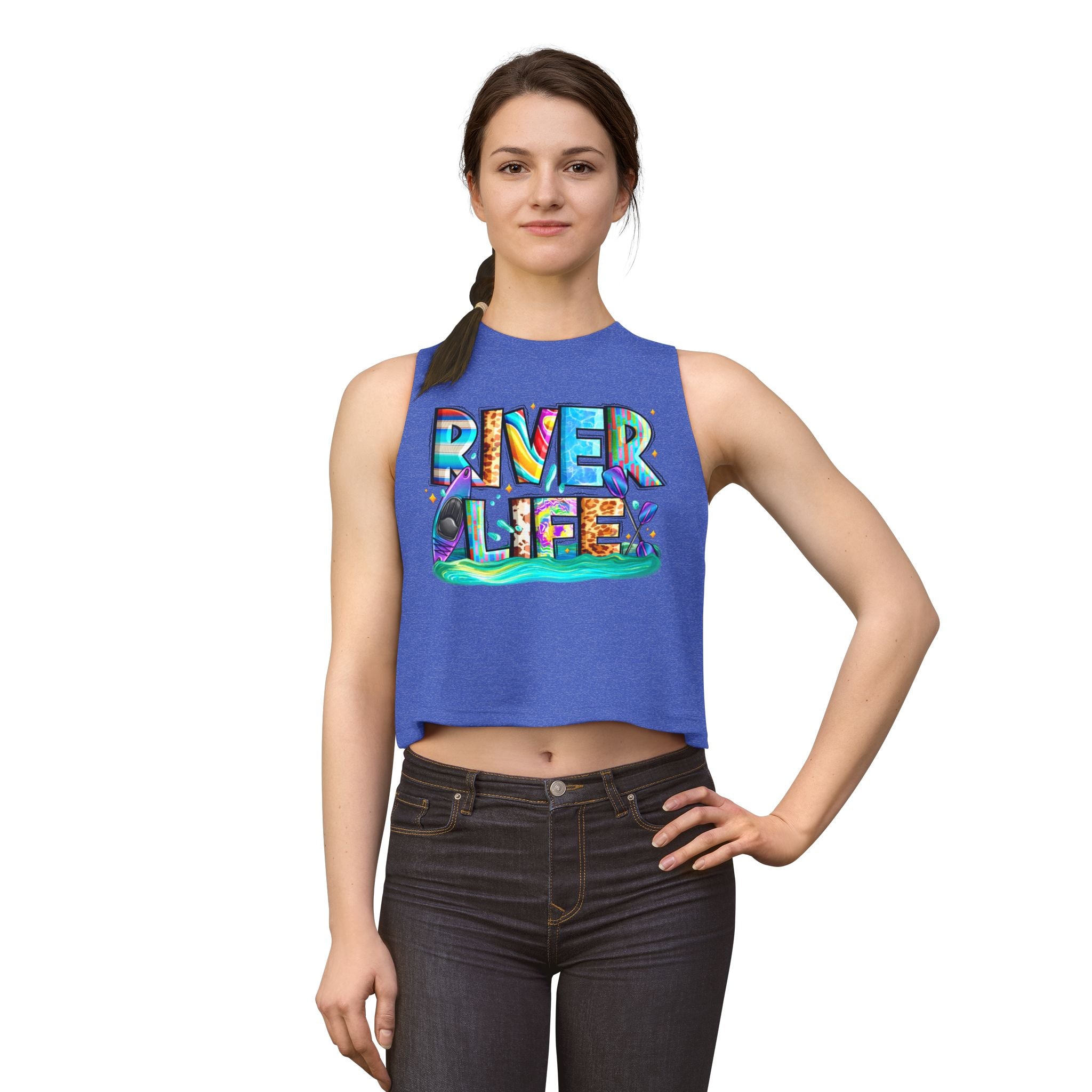 River Life Graphic Women's Crop Top | Kayak Paddle River Scene