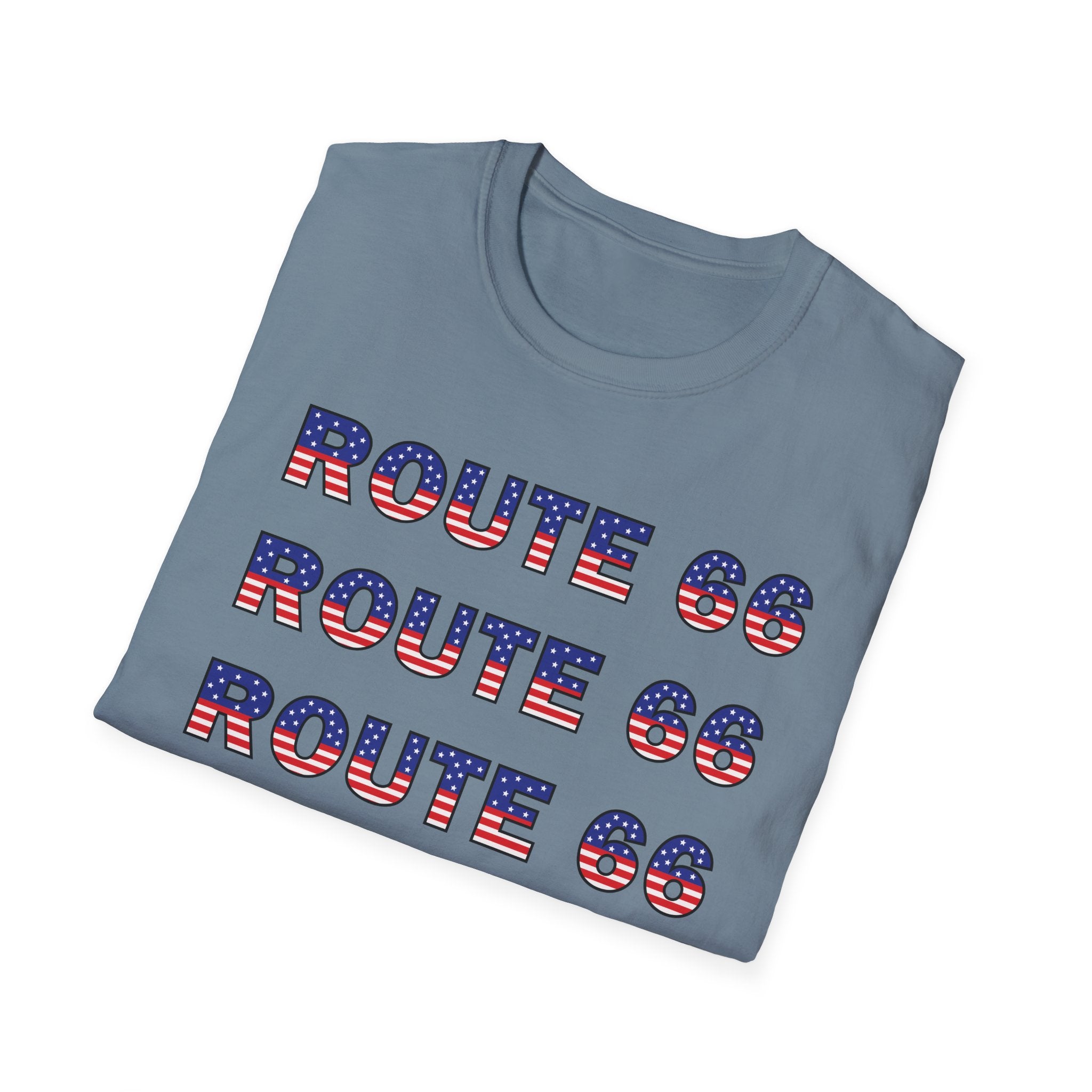 Route 66 Retro Text T-Shirt | American Flag Roadtrip Graphic
