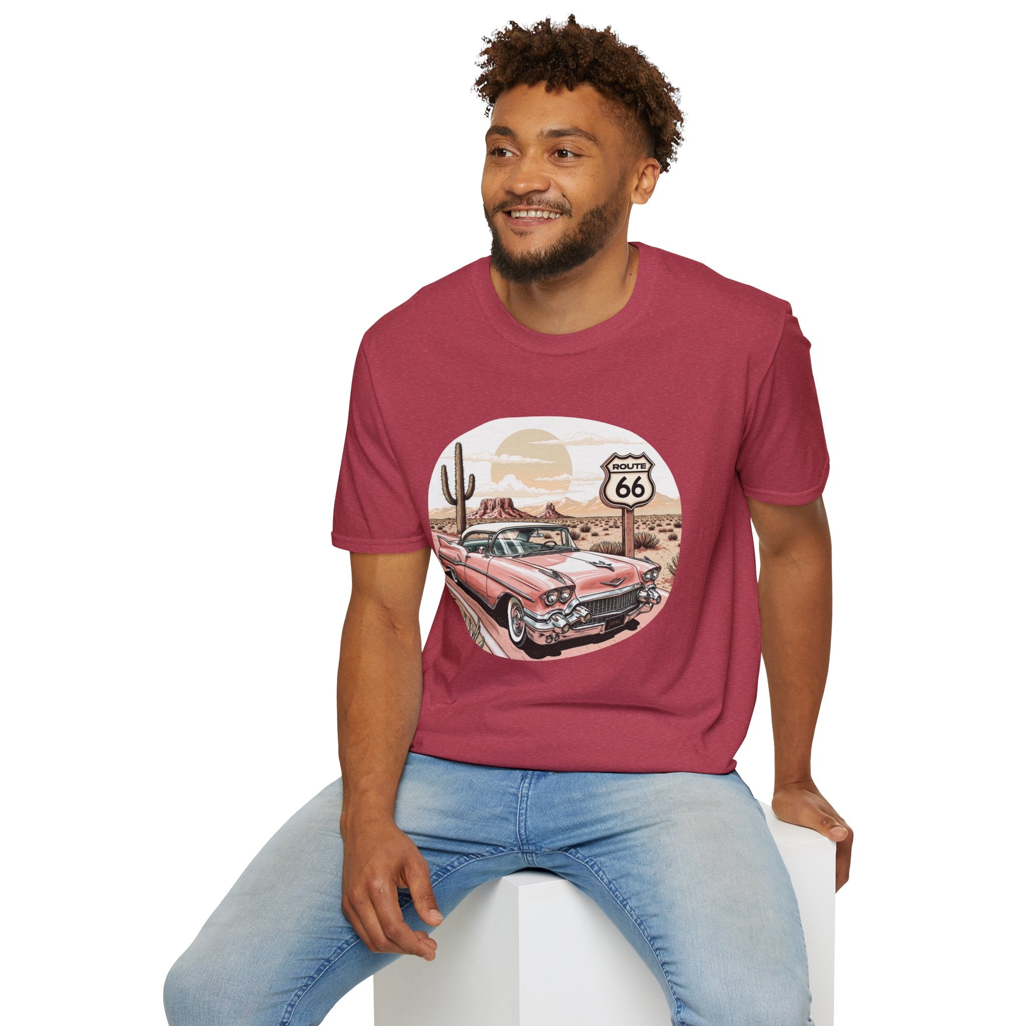 Retro Pink Classic Car Route 66 T-Shirt | Desert Cactus Vintage Roadtrip