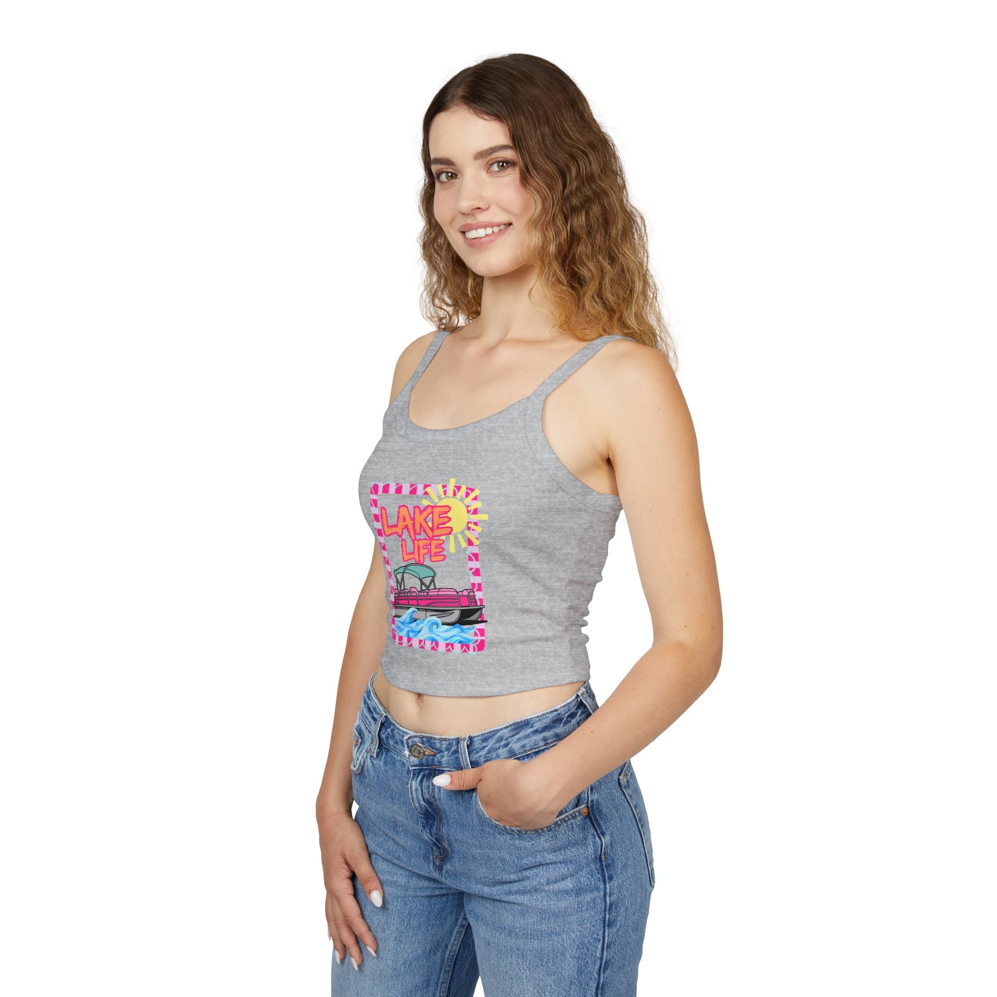 Lake Life Boat Graphic Tank Top | Retro Sunset Lakeside Design