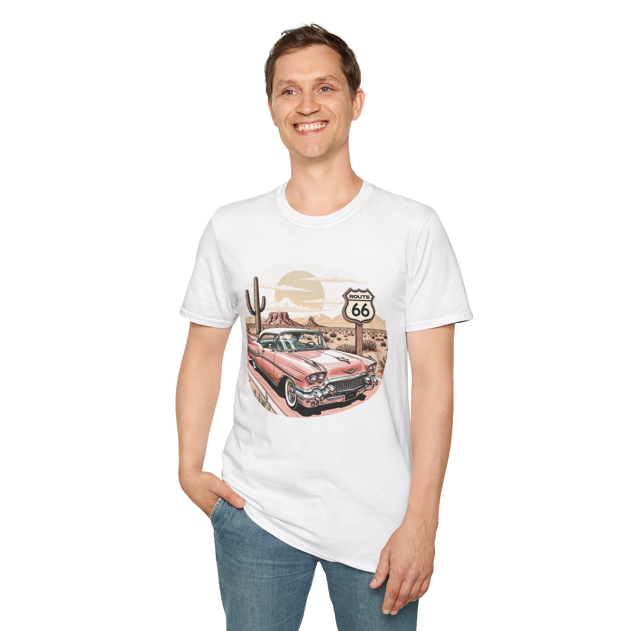 Retro Pink Classic Car Route 66 T-Shirt | Desert Cactus Vintage Roadtrip