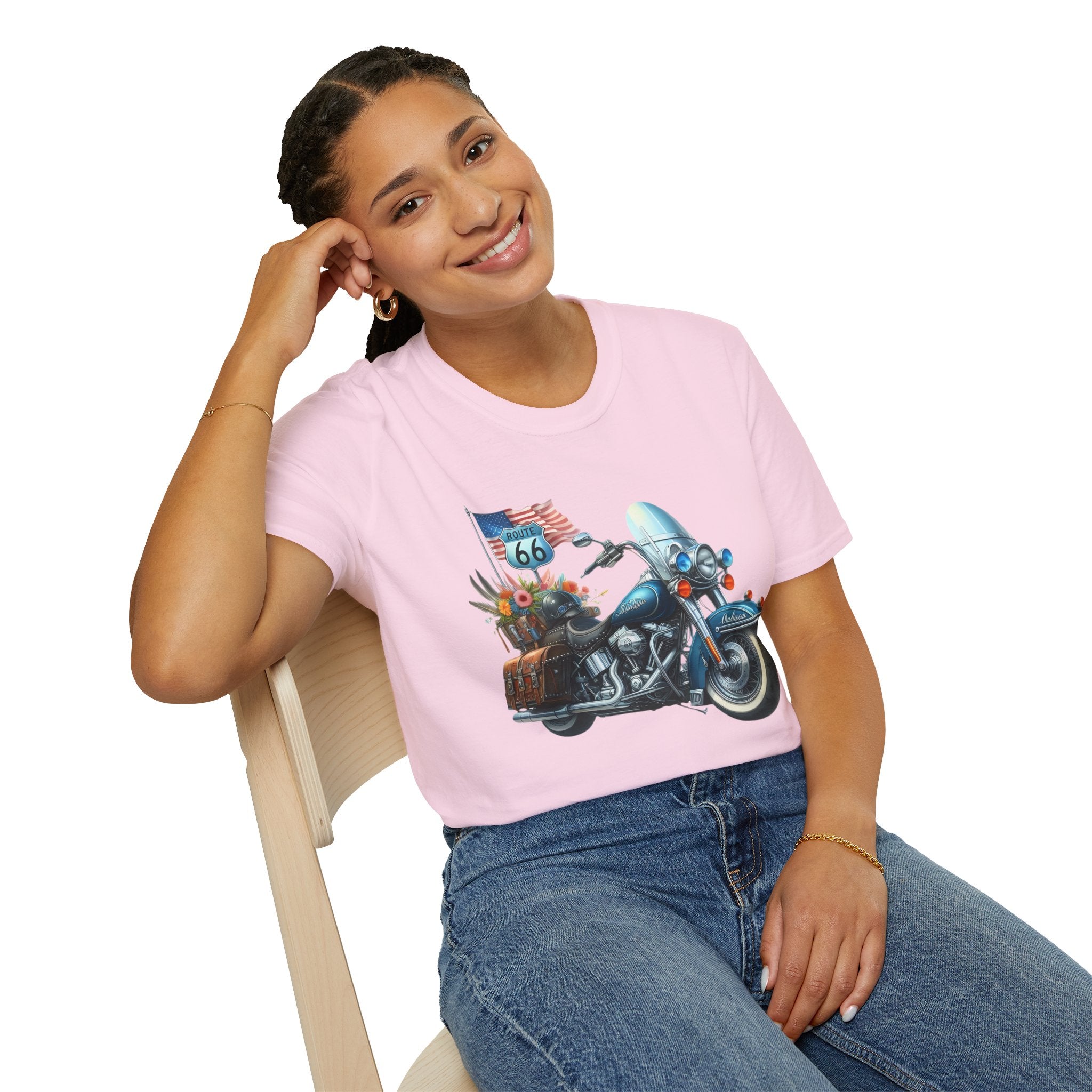 Route 66 Motorcycle Illustration T-Shirt | American Flag, Sunflowers