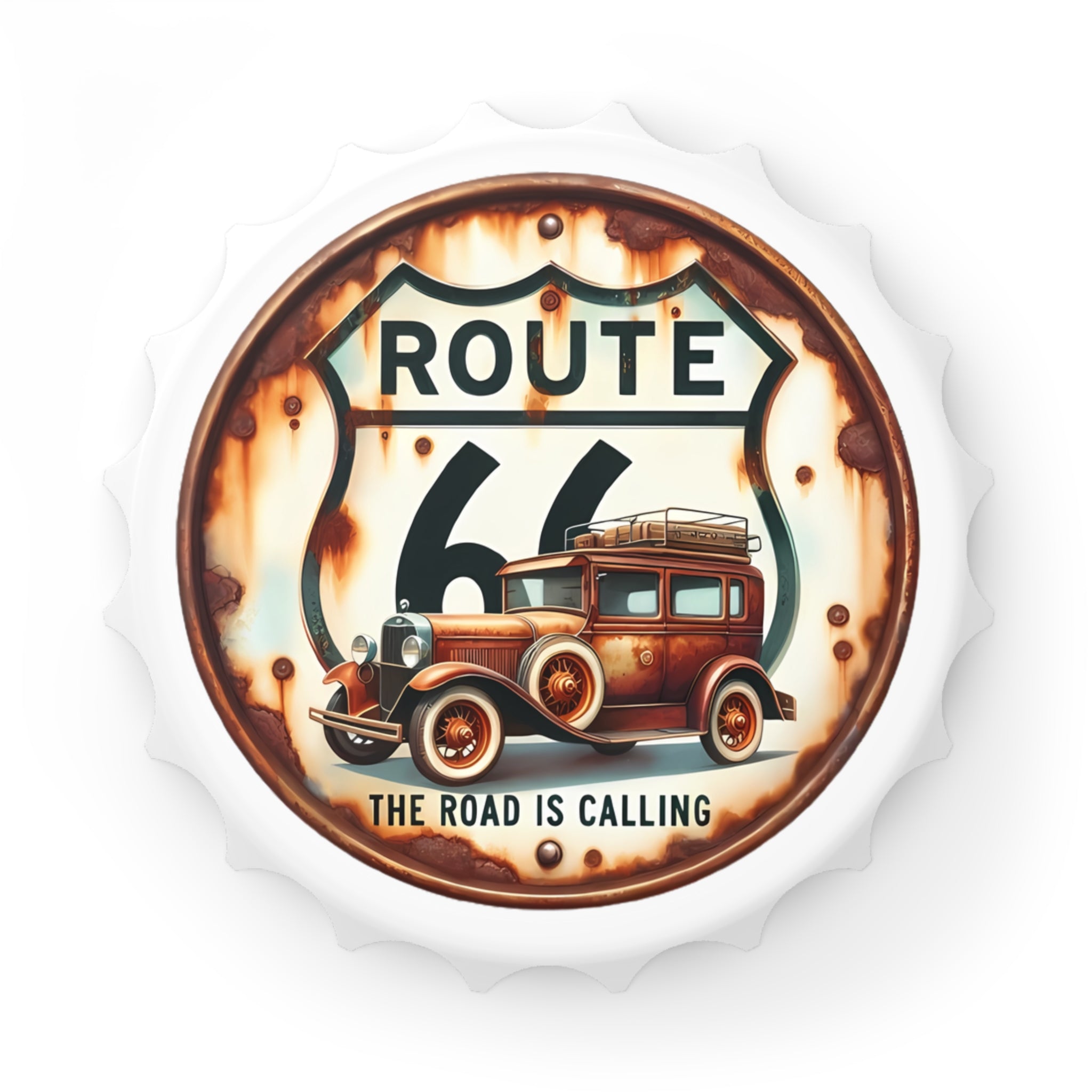 Route 66 Bottle Opener — 'The Road Is Calling' Vintage Car Design