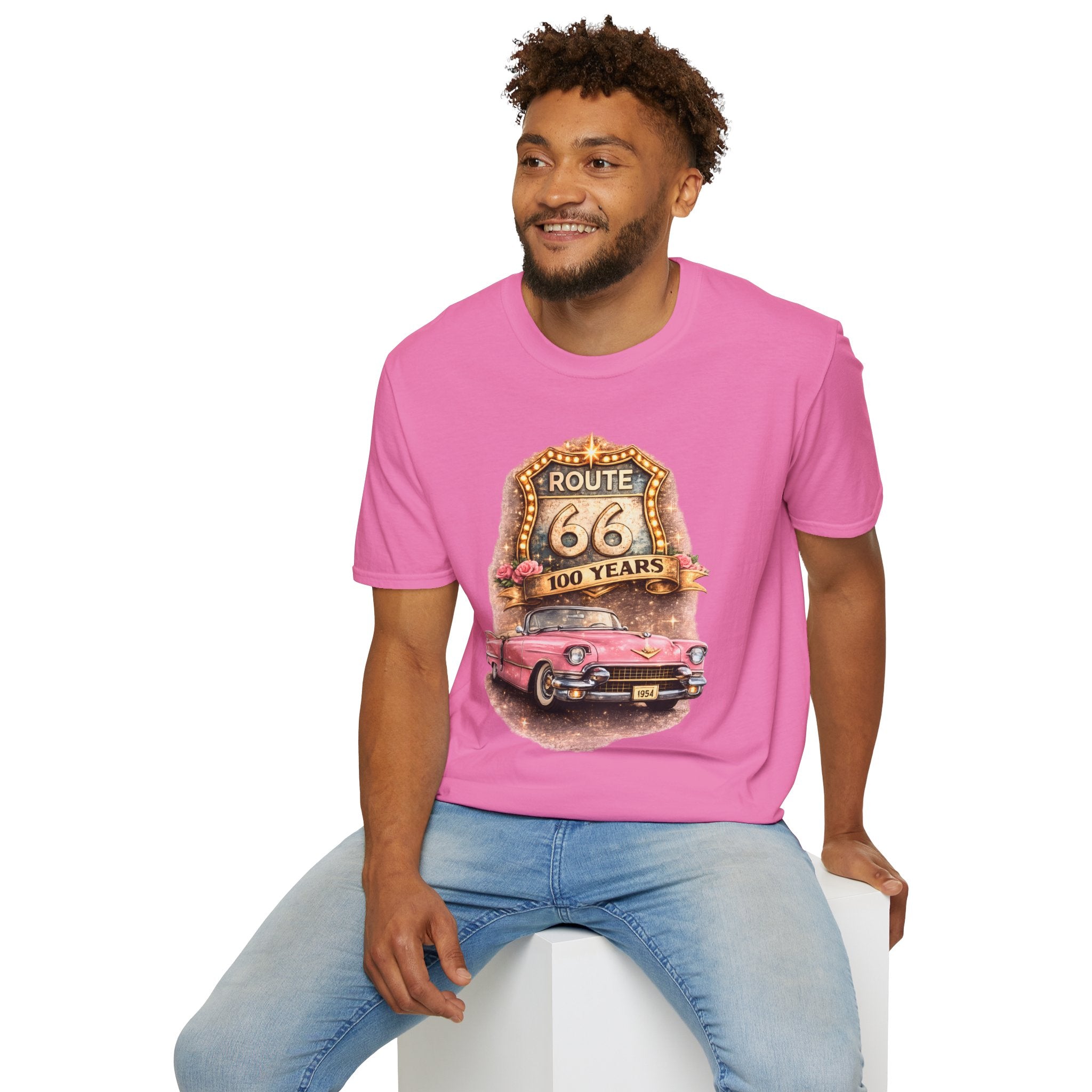Route 66 100 Years Pink Classic Car T-Shirt | Vintage Road Trip Tee
