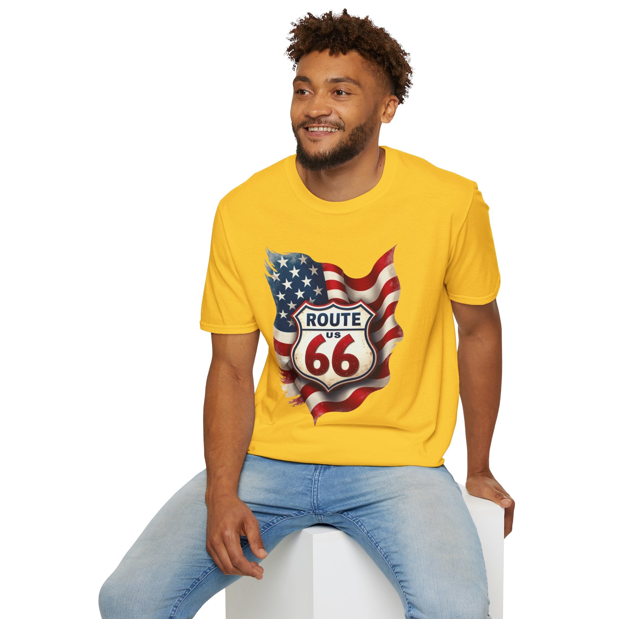 Route 66 Shield with American Flag T-Shirt | Vintage Road Trip Tee