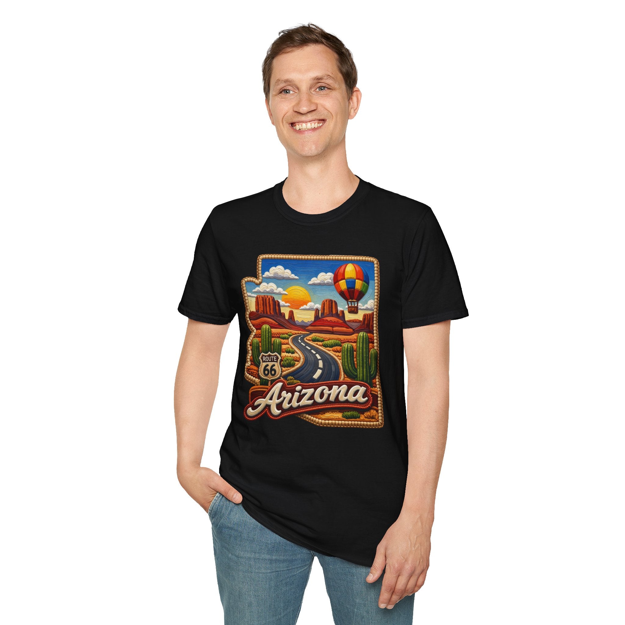 Arizona Route 66 Desert Road T-Shirt | Hot Air Balloon Southwestern Scene