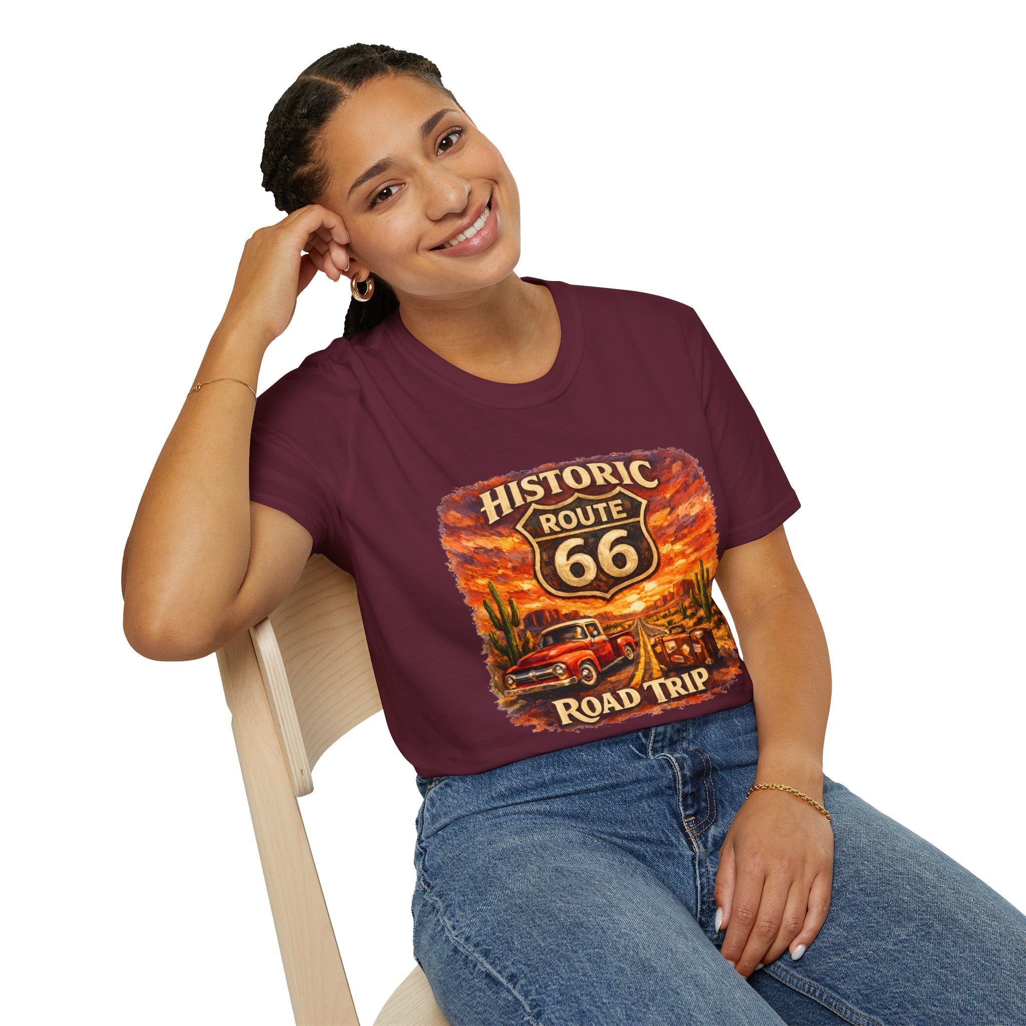 Historic Route 66 Road Trip T-Shirt | Vintage Car Desert Sunset