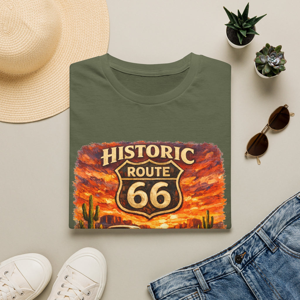 Historic Route 66 Road Trip T-Shirt | Vintage Car Desert Sunset
