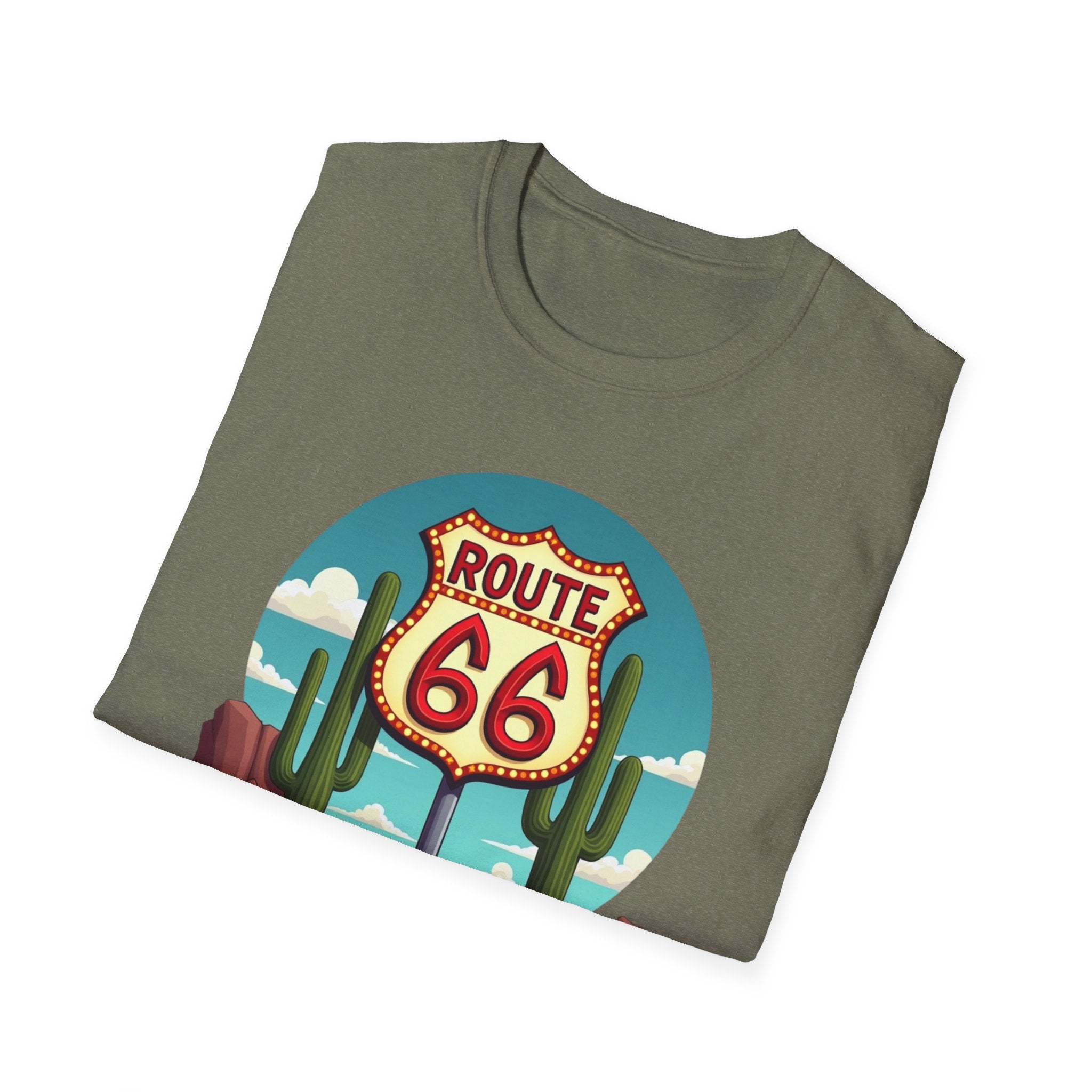 Route 66 Classic Car T-Shirt | Retro Desert Road Sign, Vintage Convertible